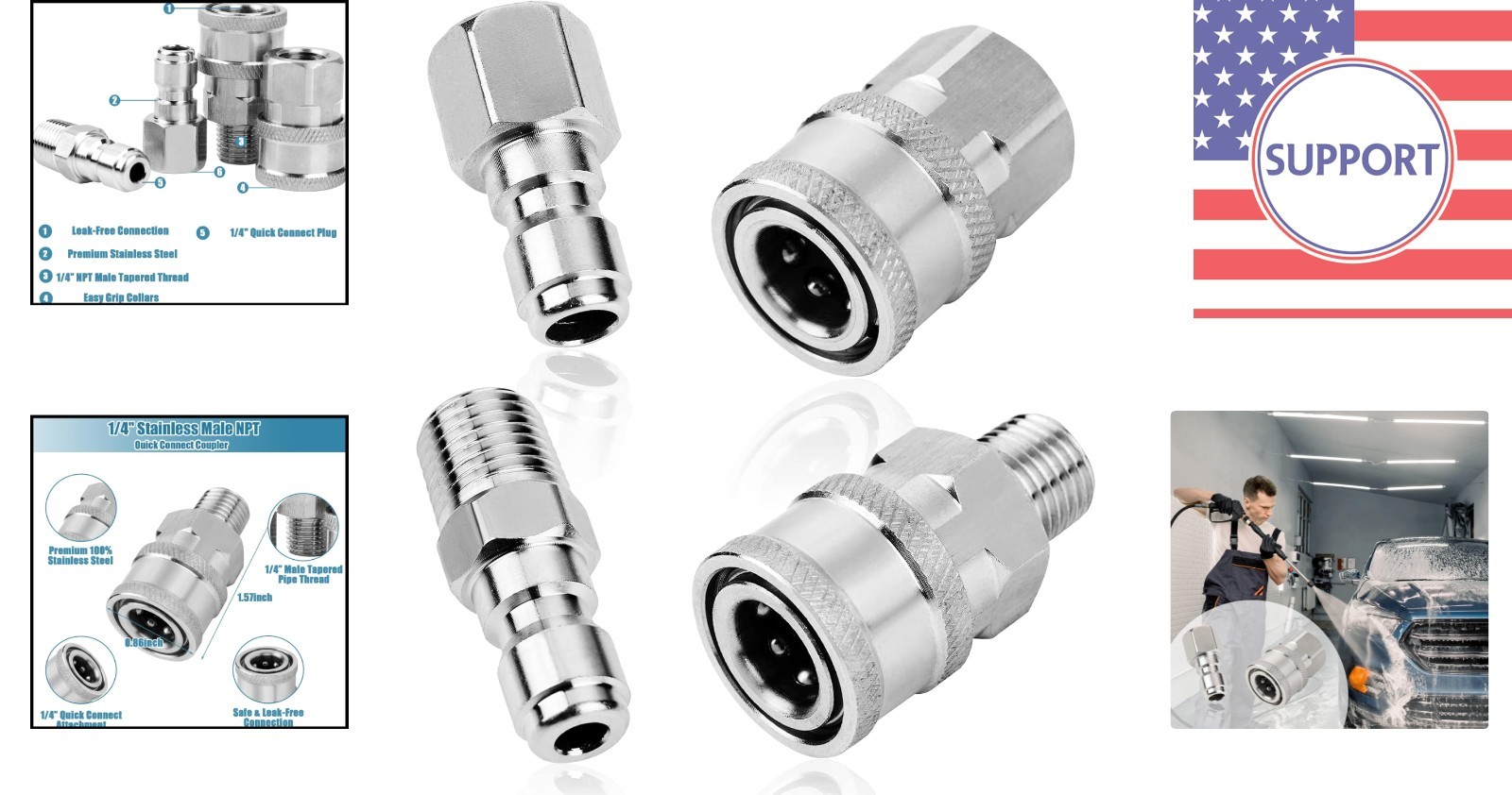 2 Sets Stainless Steel NPT 1/4 Inch Quick Connect Fittings for Pressure Washers