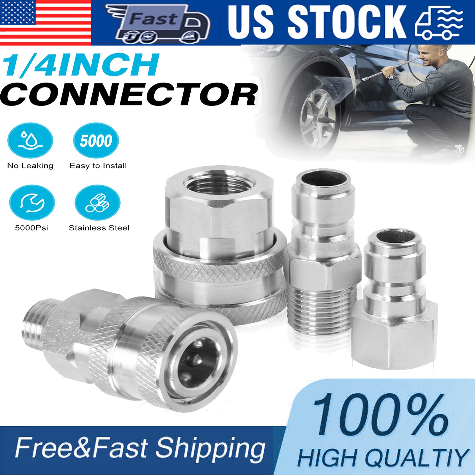 4Pcs 1/4”NPT Stainless Steel Quick Connect Fitting Pressure Washer Adapter Set.