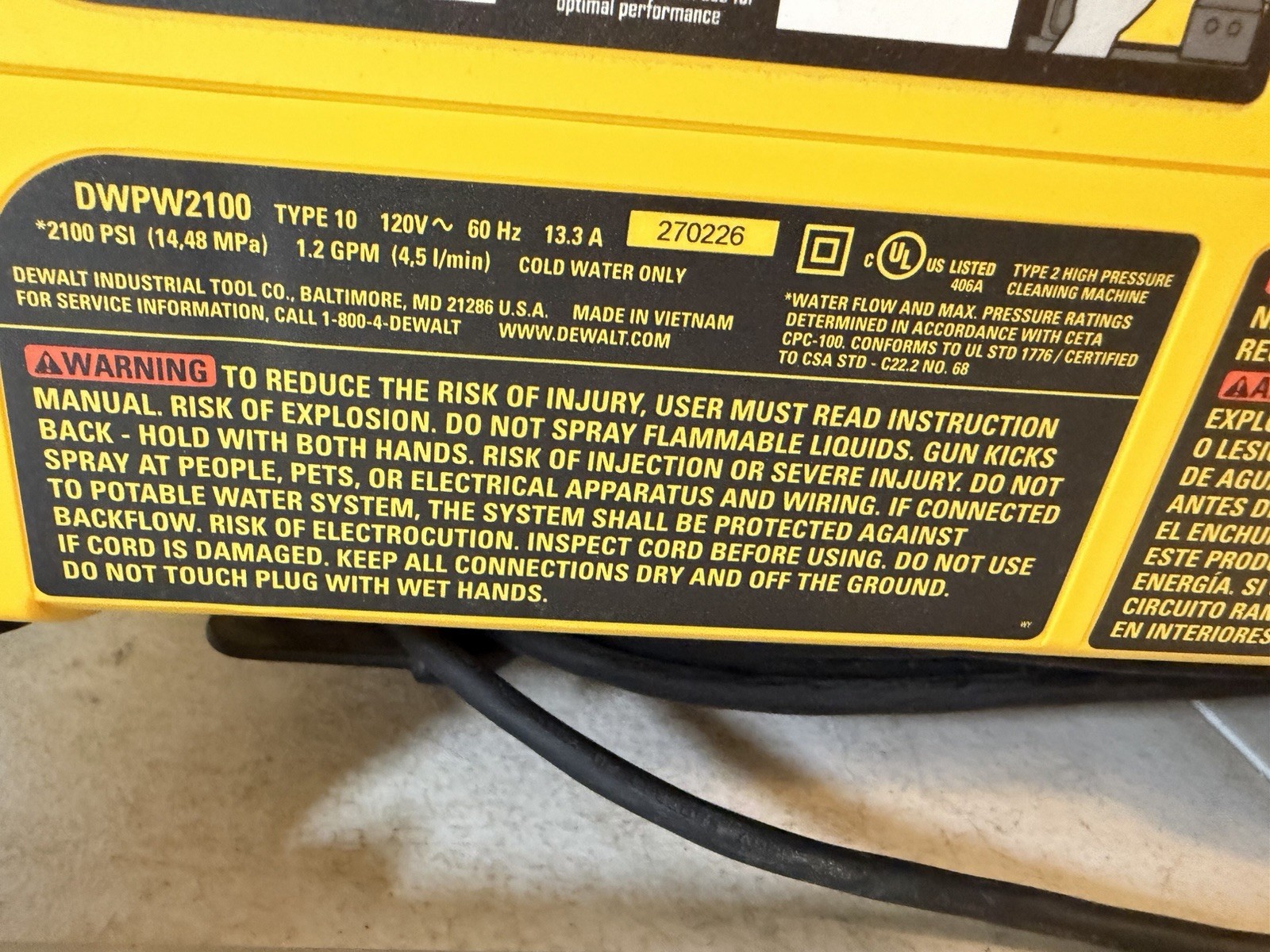 PARTS OR REPAIR DEWALT Pressure Washer 2100PSI Electric Cold Water DWPW2100