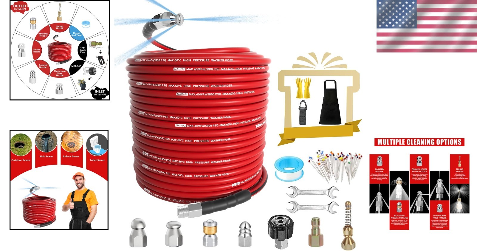 150FT High-Pressure Sewer Jetter Kit with Nozzles & Accessories – 5800 PSI