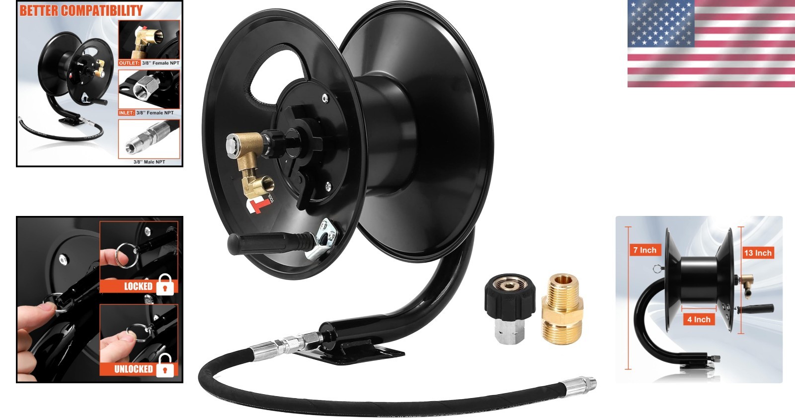 100 FT Stainless Steel Pressure Washer Hose Reel – 4000 PSI Compatible