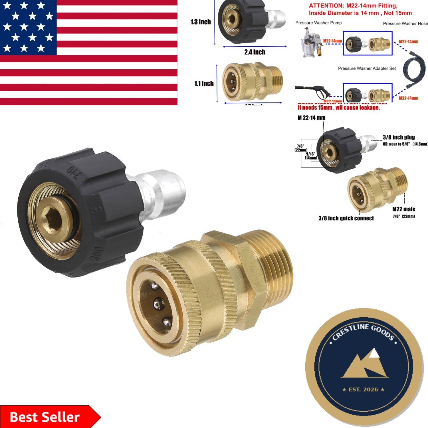 M22 14mm to 3/8″ Quick Connect Adapters for 5000 PSI Pressure Washers