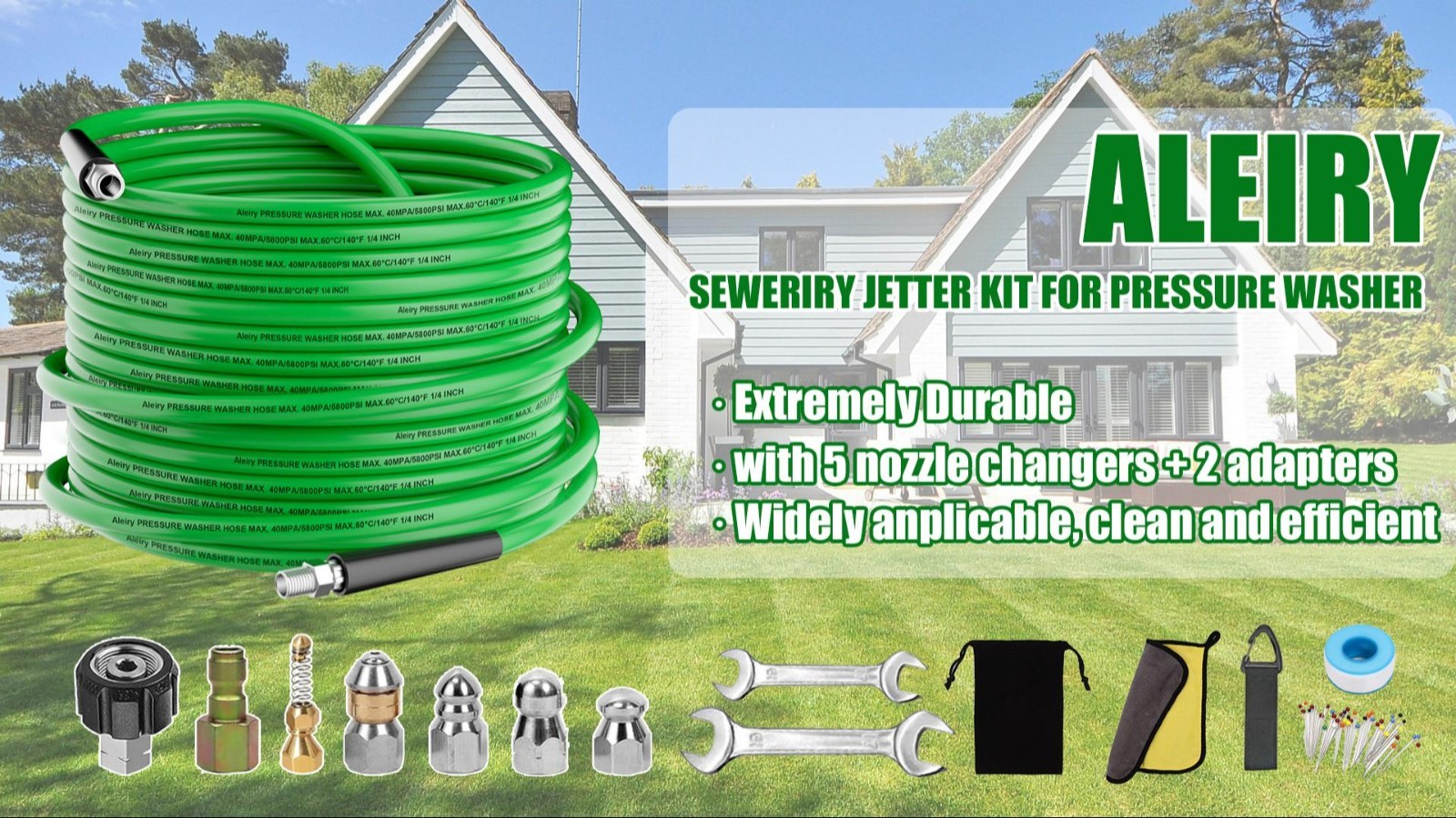 Sewer Jetter Kit 50 FT 5800 PSI 1/4 NPT Drain Cleaning Hose 5 Nozzles Rotating