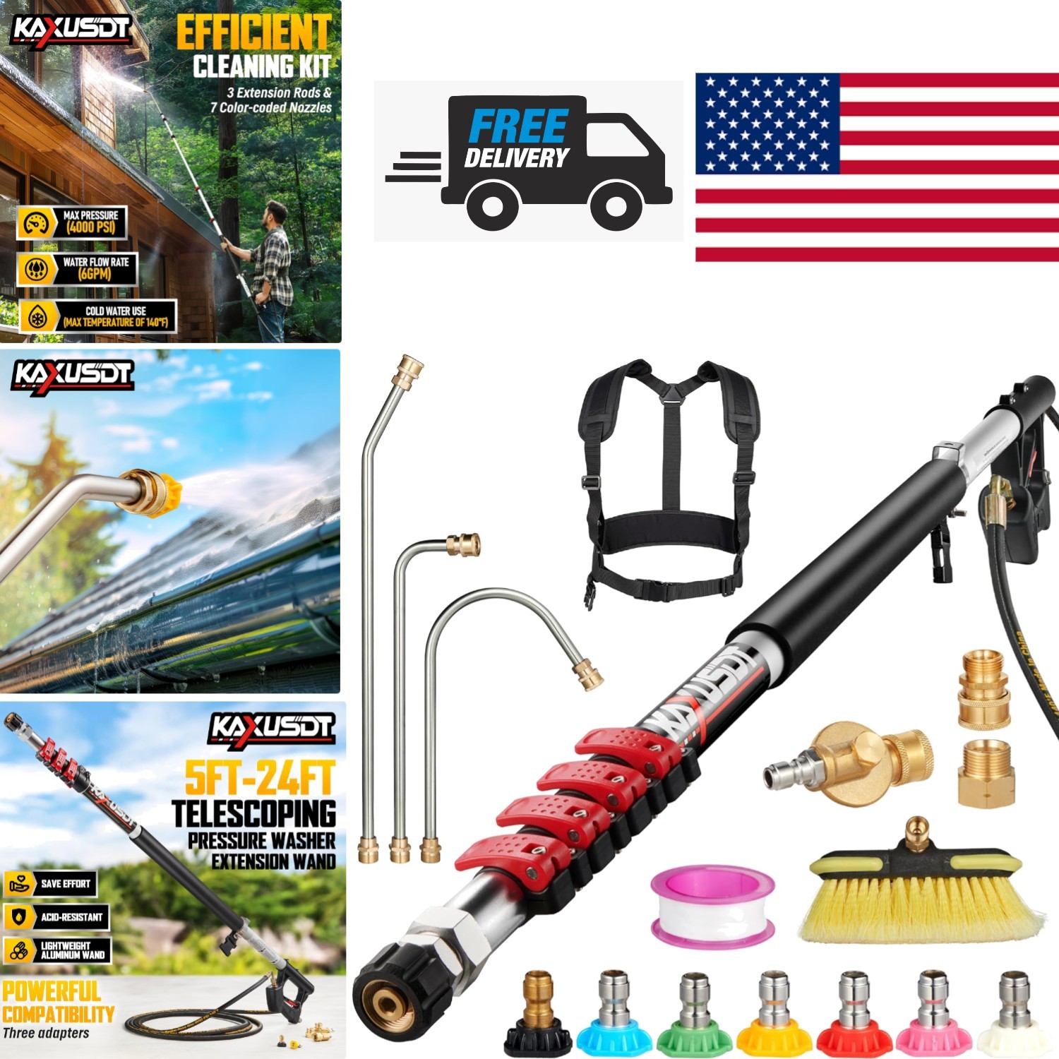 24FT Telescoping Wand for Pressure Washer with 3 Extension Attachments Included