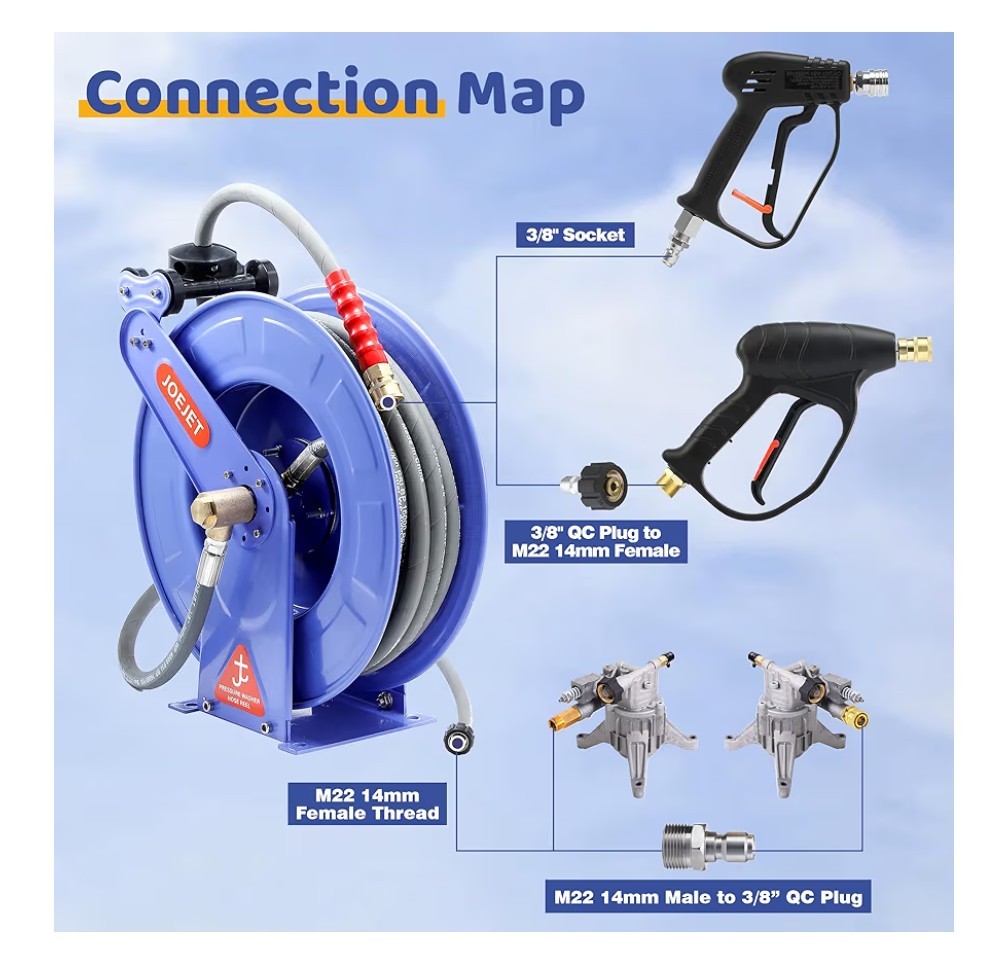 JOEJET Retractable Pressure Washer Hose Reel 3/8″ X 50 FT Power Washer 4000PSI