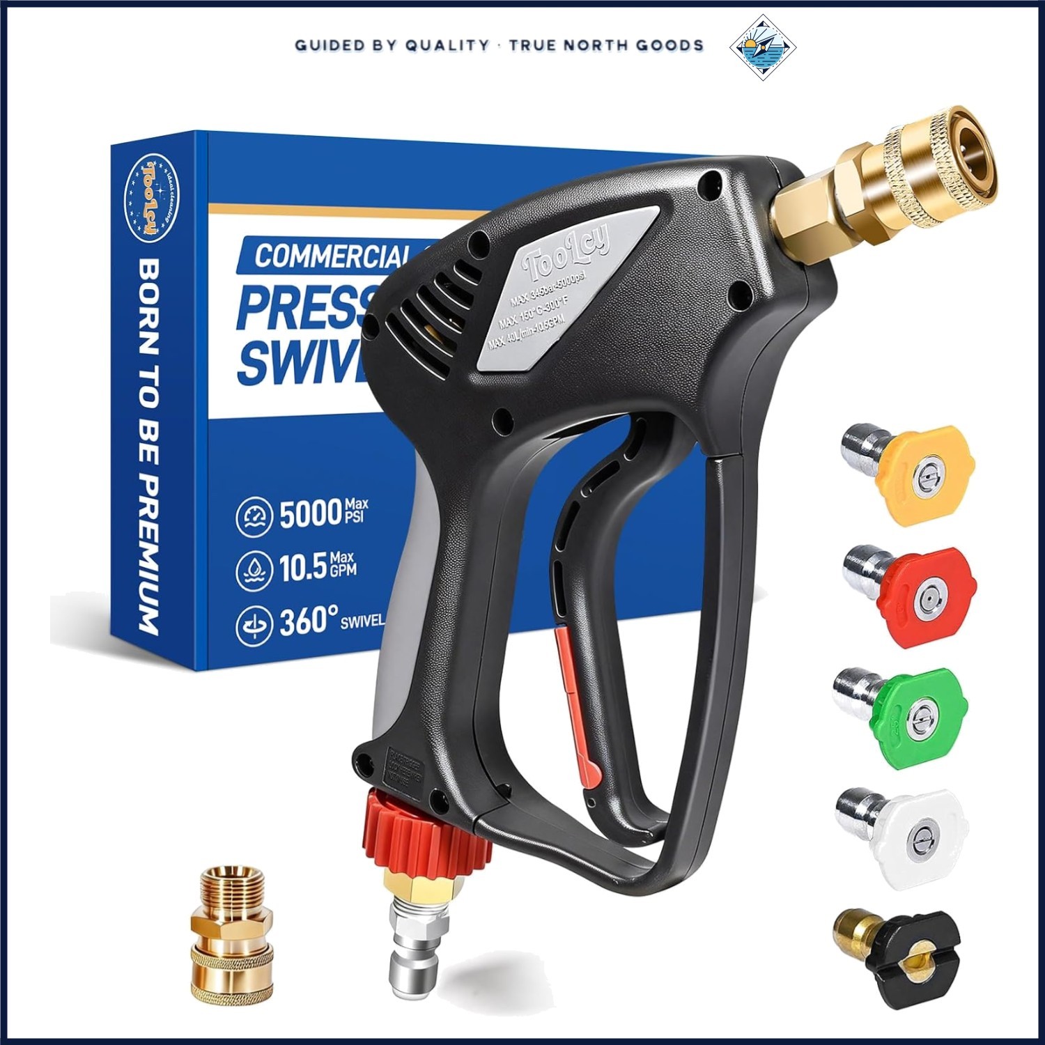 High Pressure Washer Gun with 3/8″ Quick Connect and 5 Nozzle Tips Included