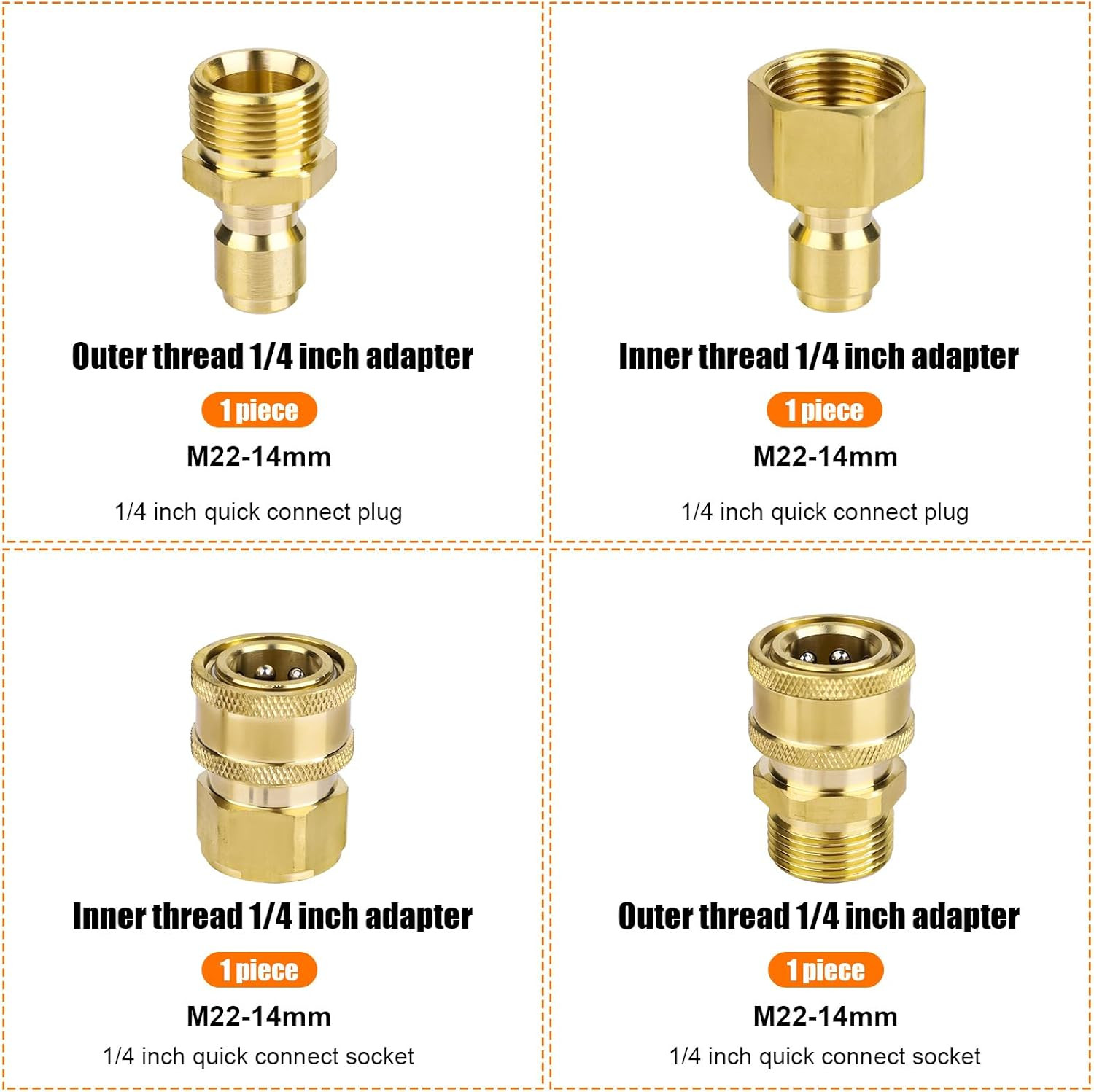 4Pcs M22-14Mm to 1/4In Pressure Washer Adapter Set, Power Washer Adapter Pressur