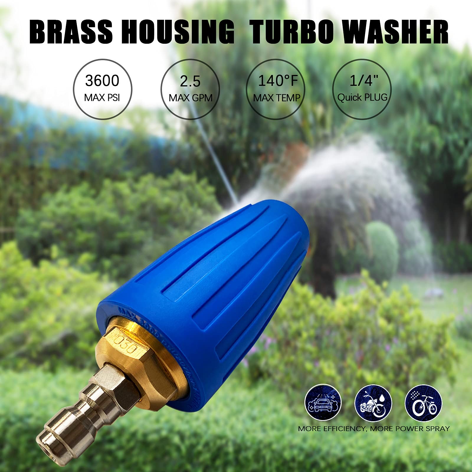 360° Rotating turbo nozzle for pressure washer, 3600 PSI, 2.5GPM, with 1/4″ q…