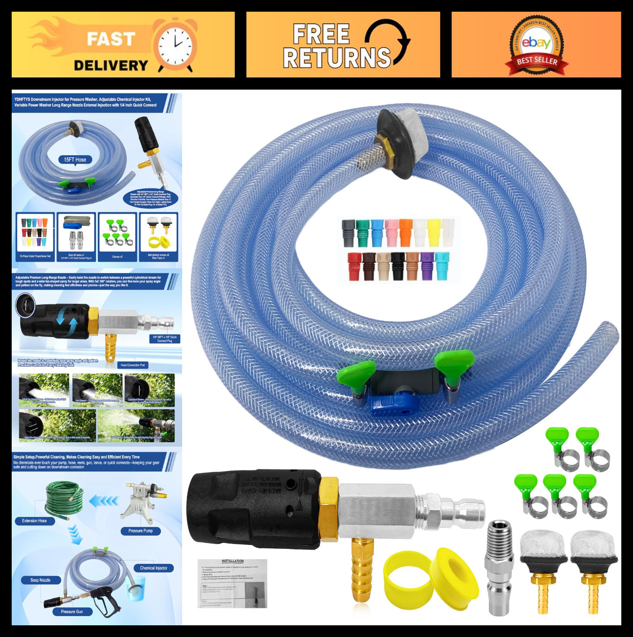 Adjustable Long Range Pressure Washer Nozzle Kit, 2-2.5 GPM, 15FT Hose, Chemical