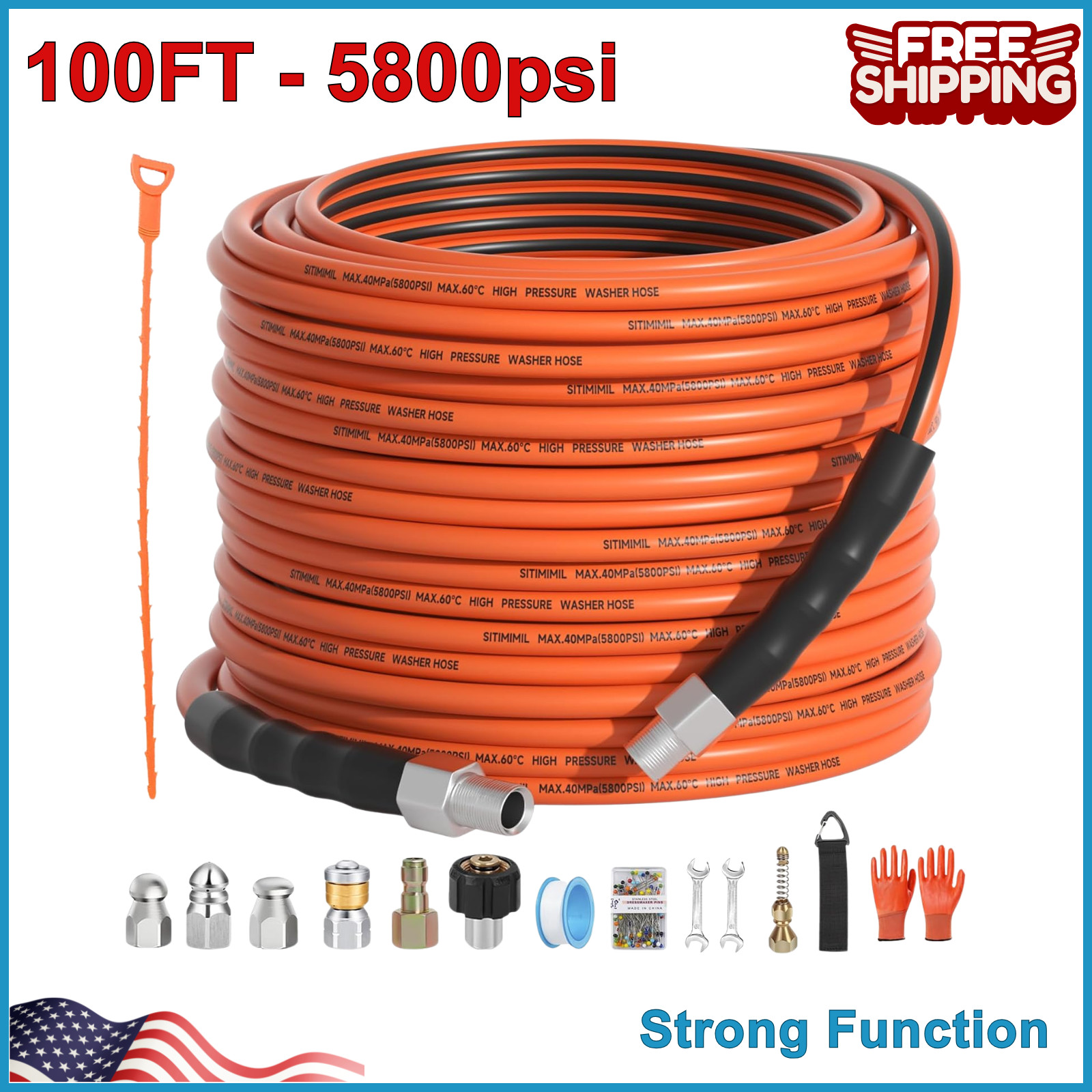 Sewer Jetter Kit for Pressure Washer 100FT, 5800psi Drain Cleaner Hose 1/4 Inch