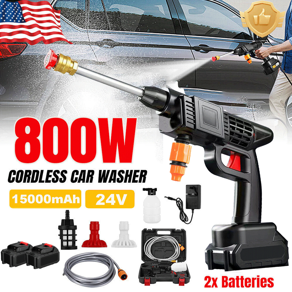 2 Battery Cordless Water Spray Gun Portable High Pressure Car Washer Cleaner