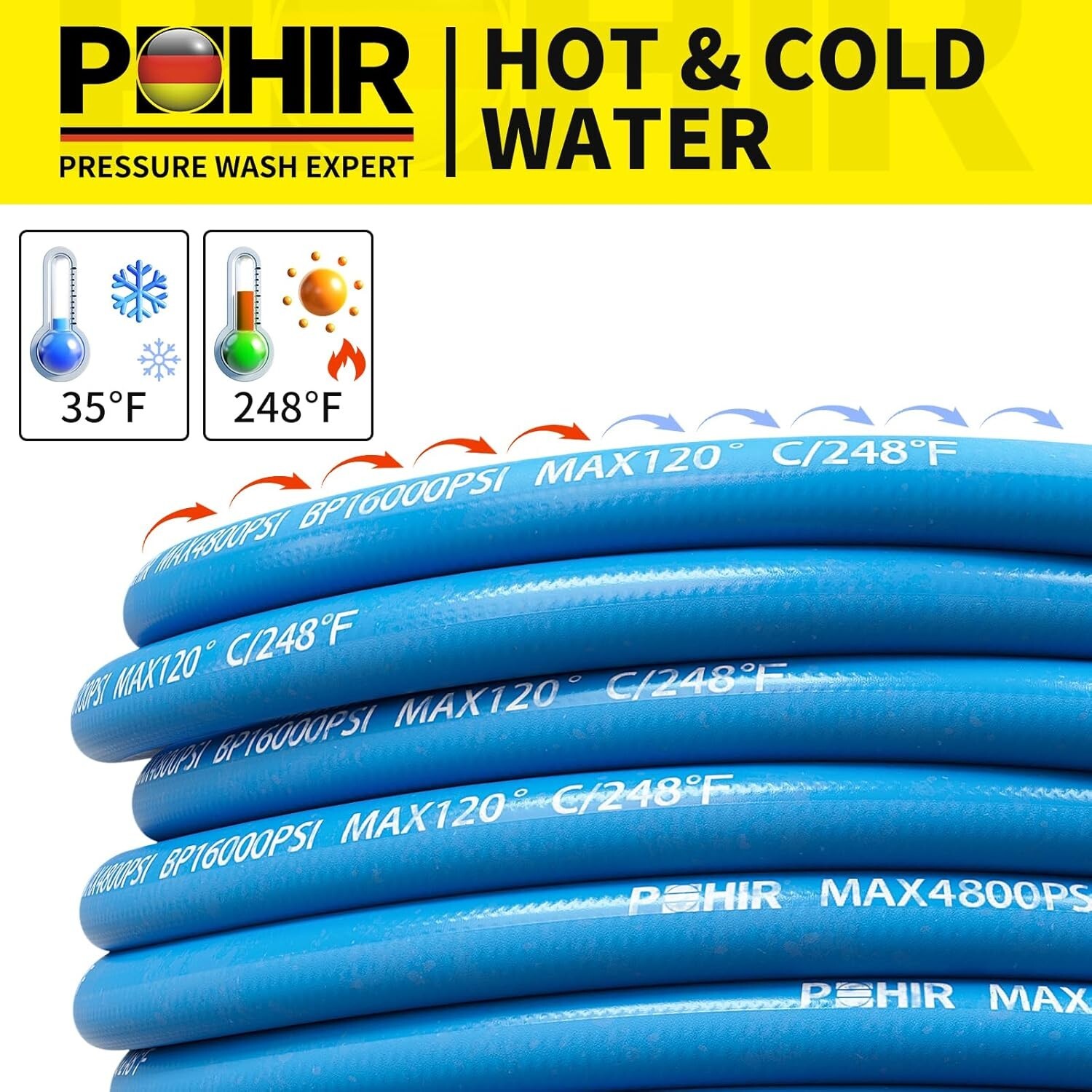 POHIR 50FT 3/8″ Pressure Washer Hose 4800PSI Flexible Power Wire Extension Hose