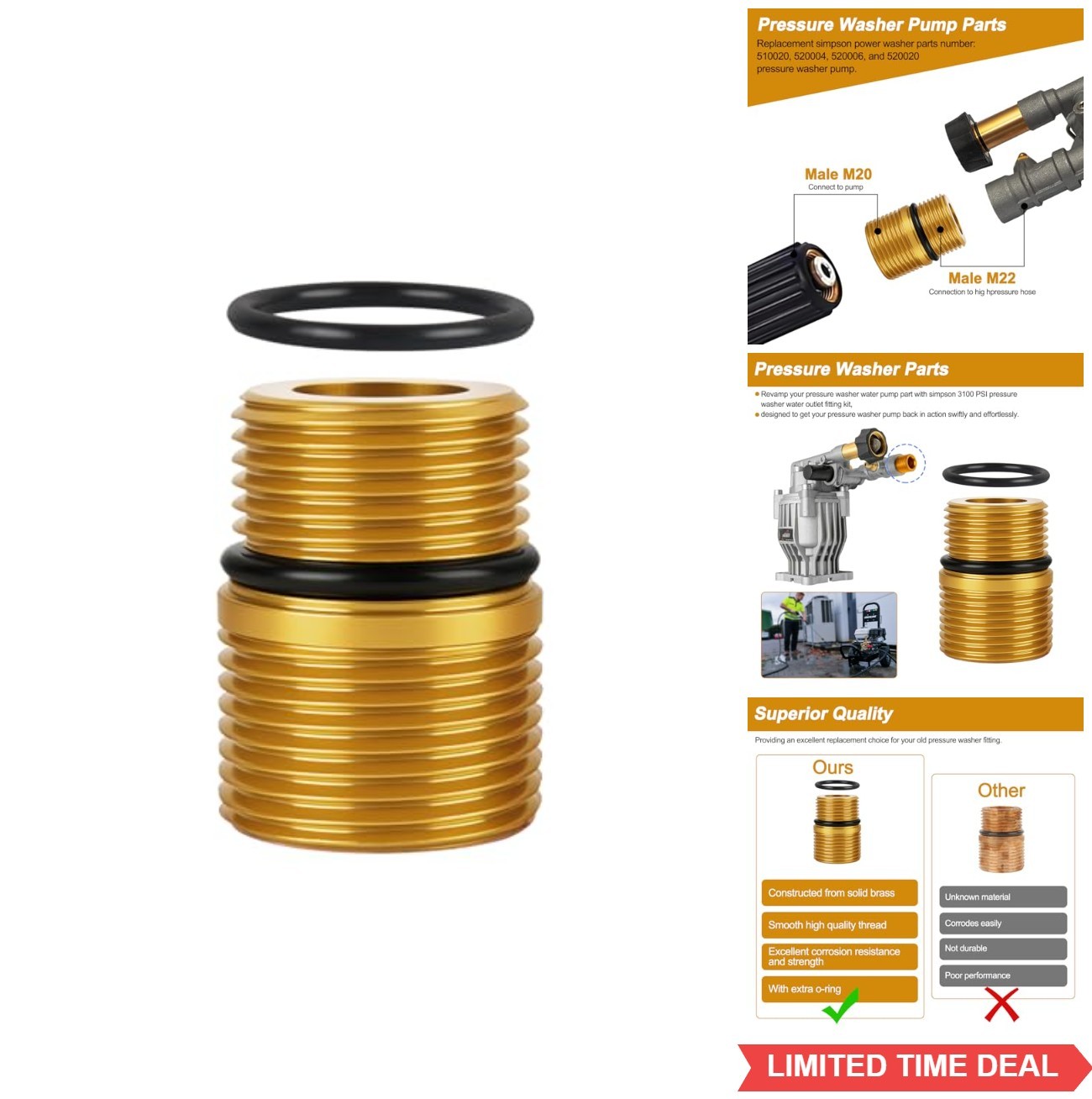 Pressure Washer Fitting M20 Male to M22 Male Brass Gold 3100 PSI Pump Adapter