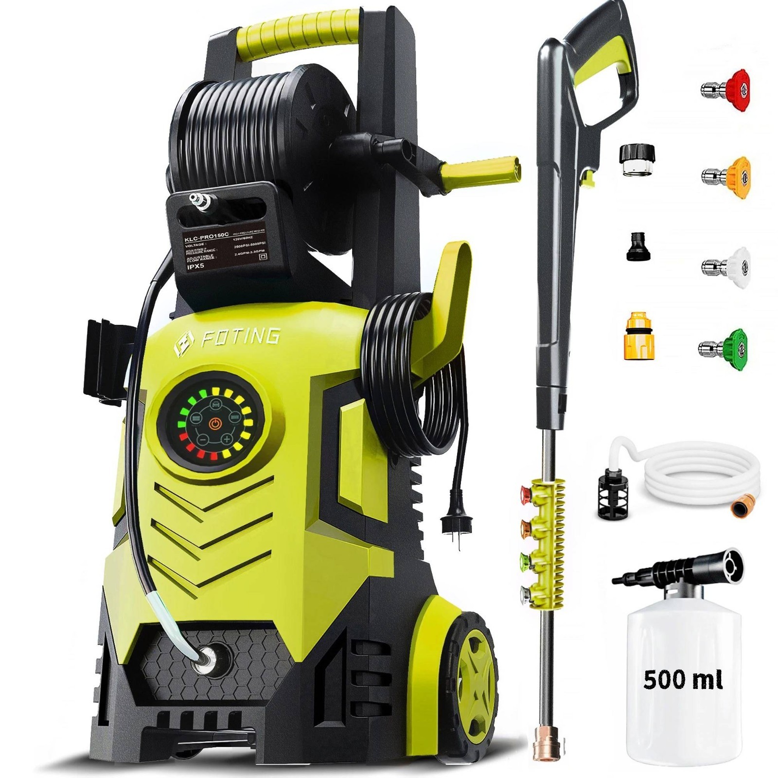 Pressure Washer 8-Level Touch Screen 34″ Tall 4 Nozzles 500ml Foam Cannon