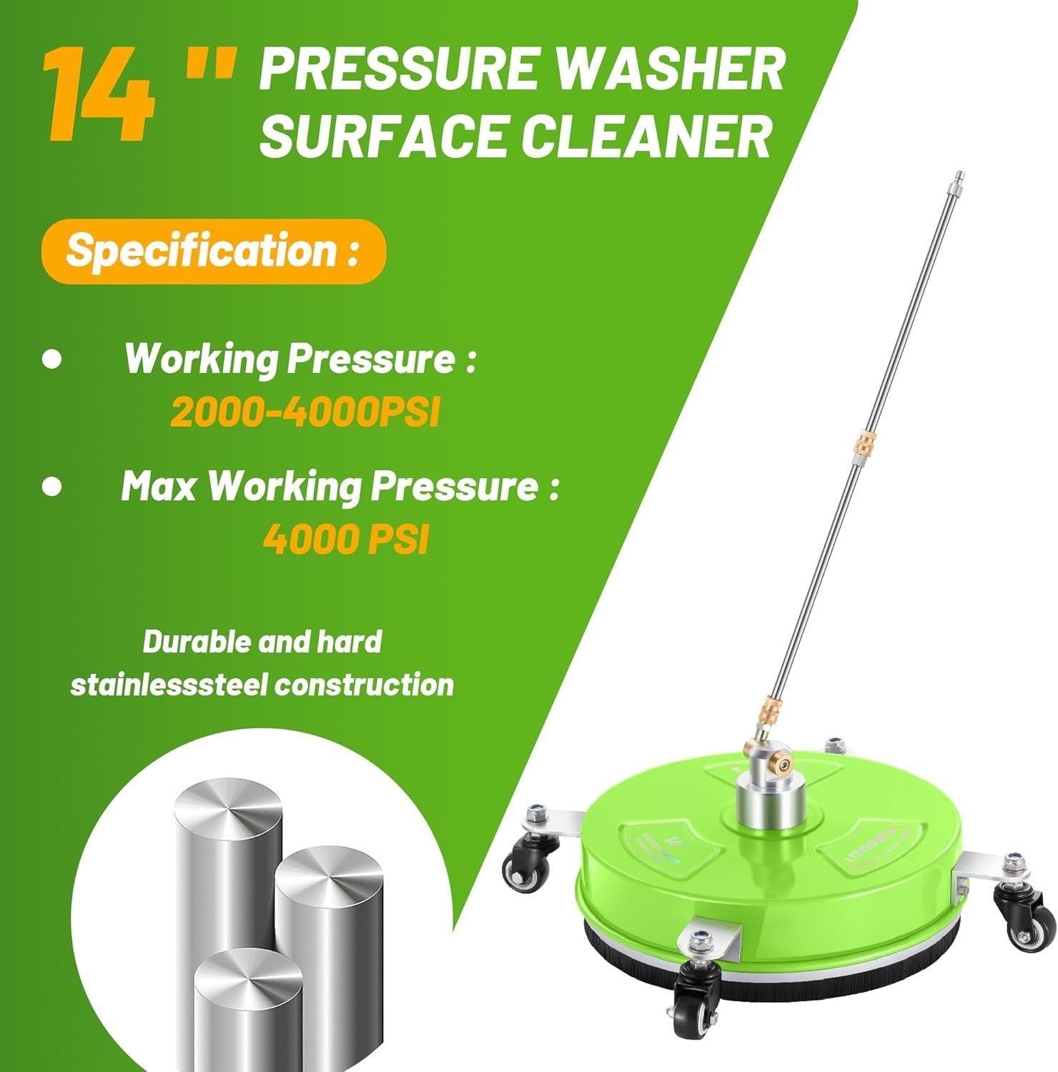 Eco-Friendly 14″ Pressure Washer Surface Cleaner – Green Stainless Steel Design