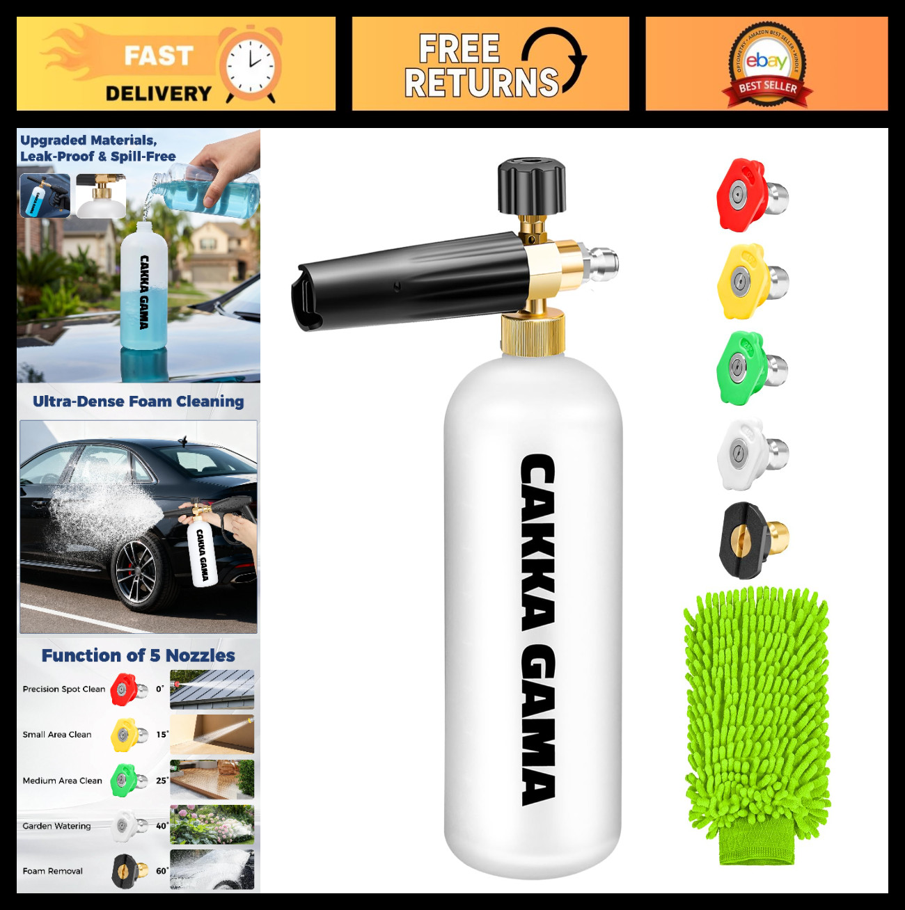 Foam Cannon for Pressure Washer – Adjustable Soap Sprayer, 5 Nozzle Tips, 1L, Gr