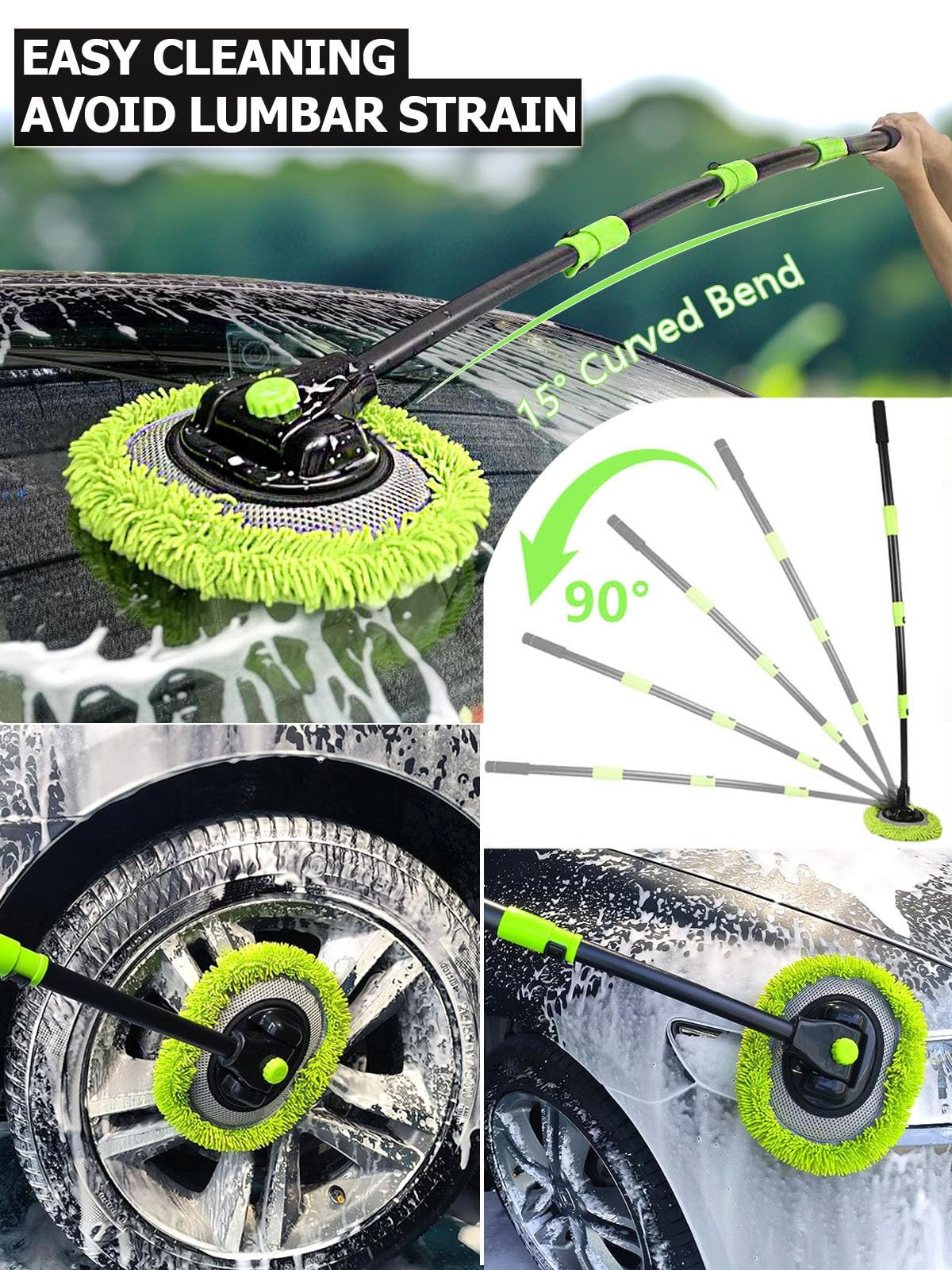 4 Sections Car Wash Brush with 15° Curved Aluminum Alloy Long 51.6″, Green
