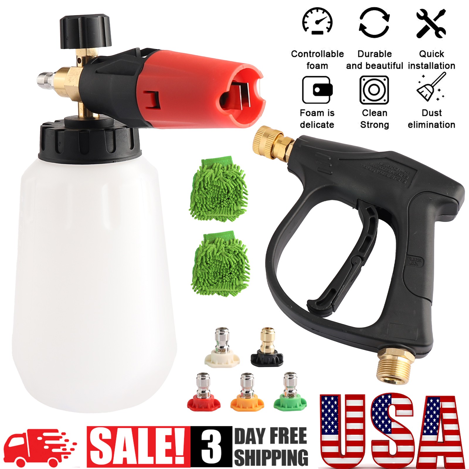 1/4″ Snow Foam Washer Gun Car Wash Soap Lance Cannon Spray Pressure Jet Bottle