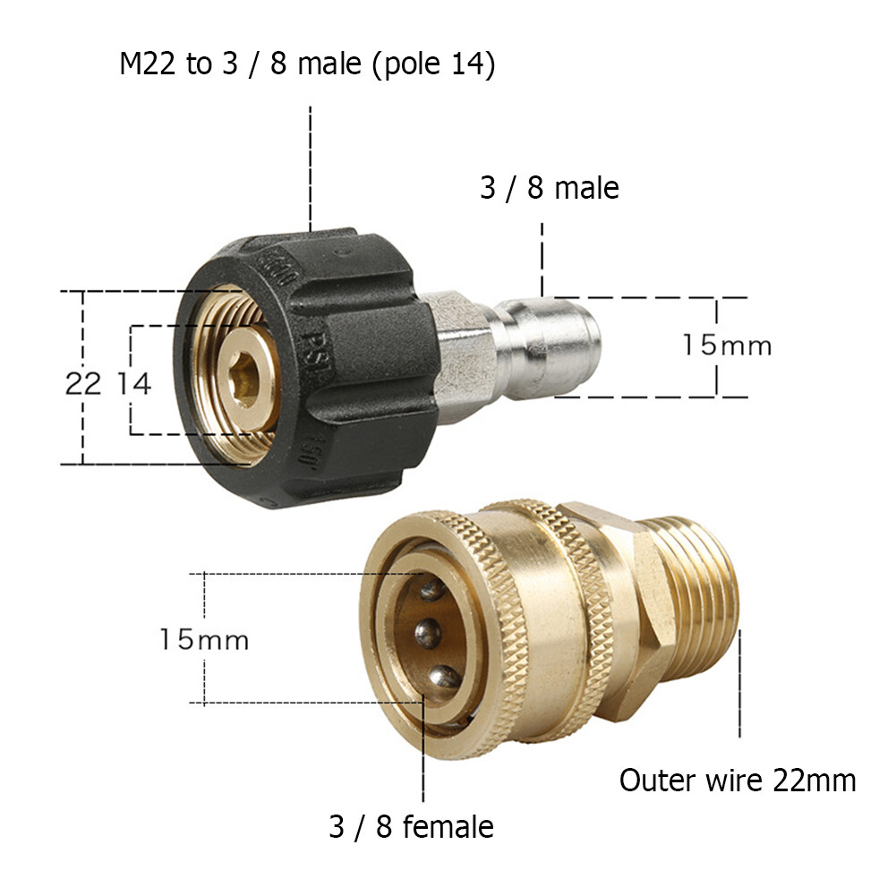 Quick Connect 2Pcs/Set Pressure Washer Adapter M22-14 mm Swivel to 3/8 inch