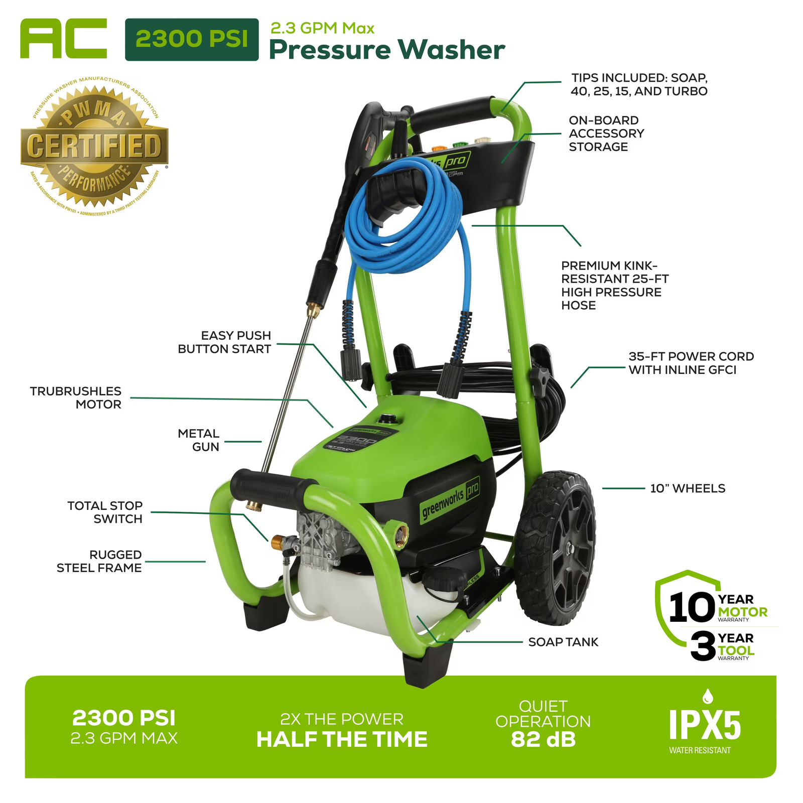 Greenworks – Pro Electric Pressure Washer up to 2300 PSI at 1.2 GPM – Green