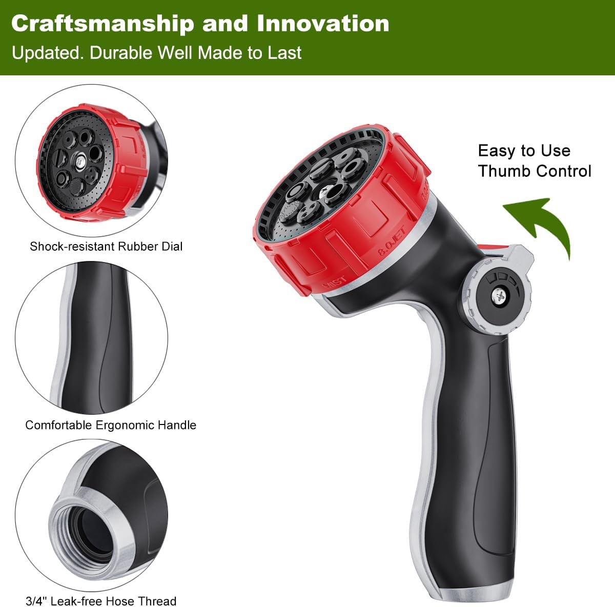 100% Metal Garden Hose Nozzle, 3 Adjustable Jet Modes, 7 Patterns