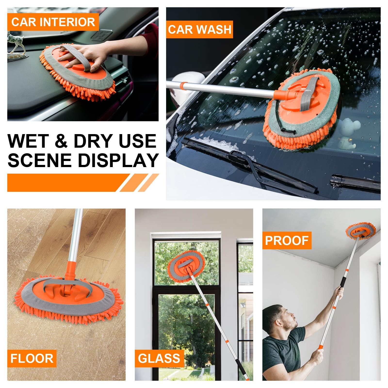 Ordenado 62″ Car Wash Brush Kit Mitt Mop Sponge with Long Handle D-orange