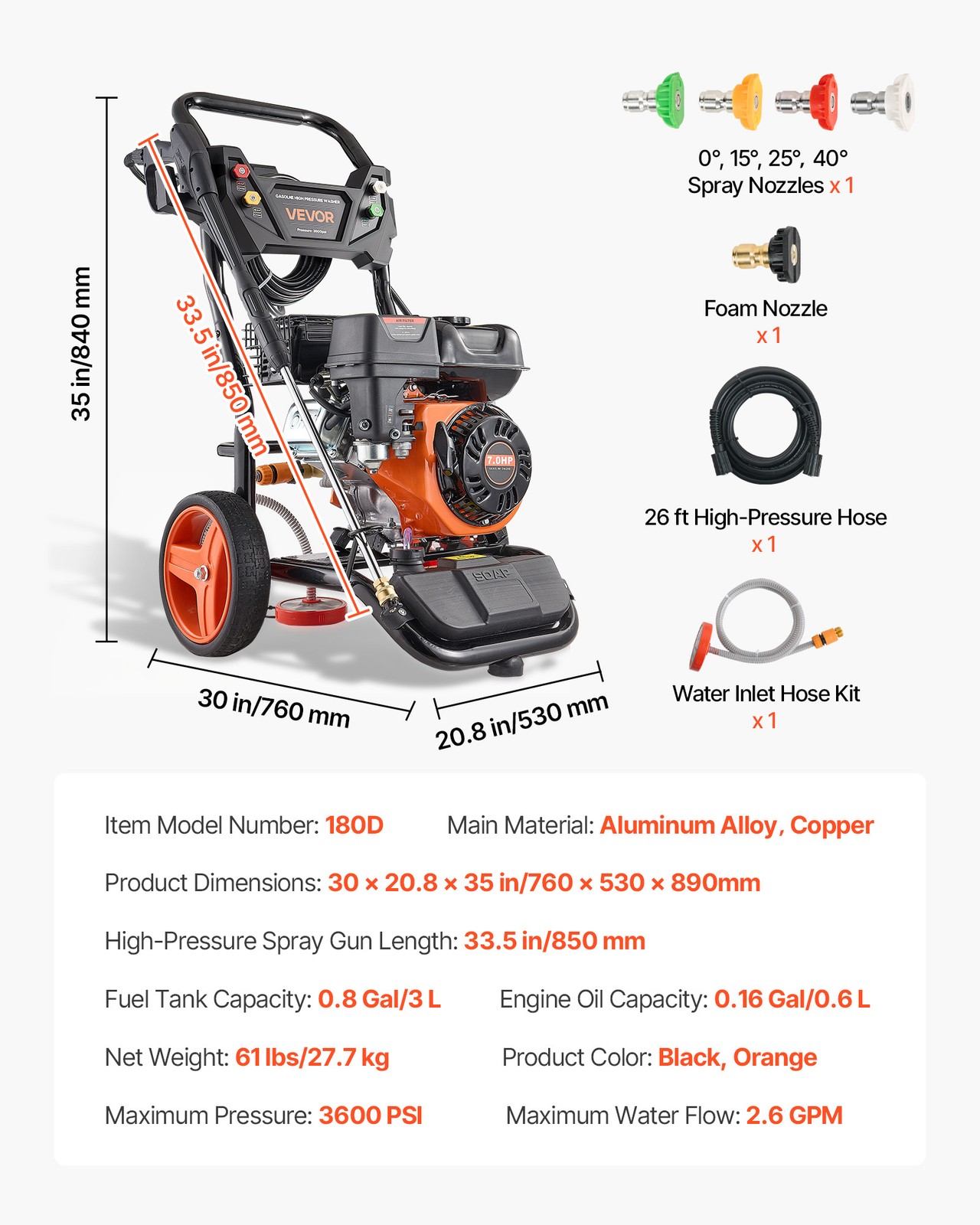 VEVOR Gas Pressure Washer 3600 PSI 2.6 GPM Copper Pump 5 Nozzles for Cars