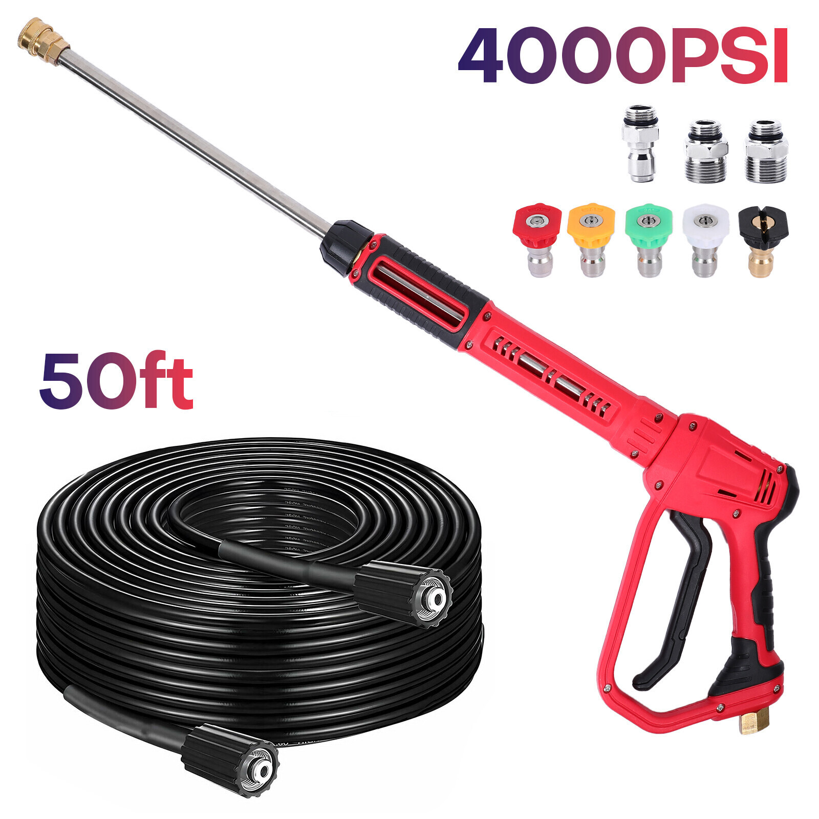 1/4″ Pressure Washer Gun + Extension Wand Lance +5 Nozzle Tips /50FT Hose M22