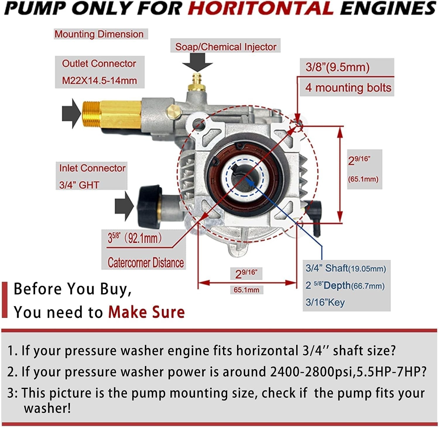 Pressure Washer Pump Replacement Aluminum 2800 PSI 3/4″ Shaft Horizontal