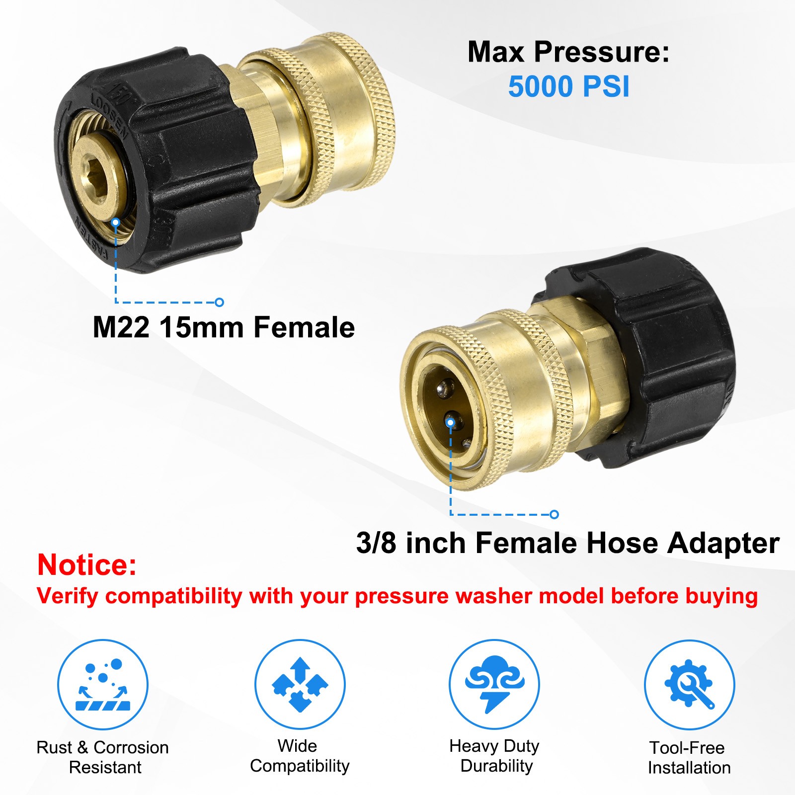 1-Pack M22 15mm Female to 3/8 Inch Female Pressure Washer Quick Connect Fittings