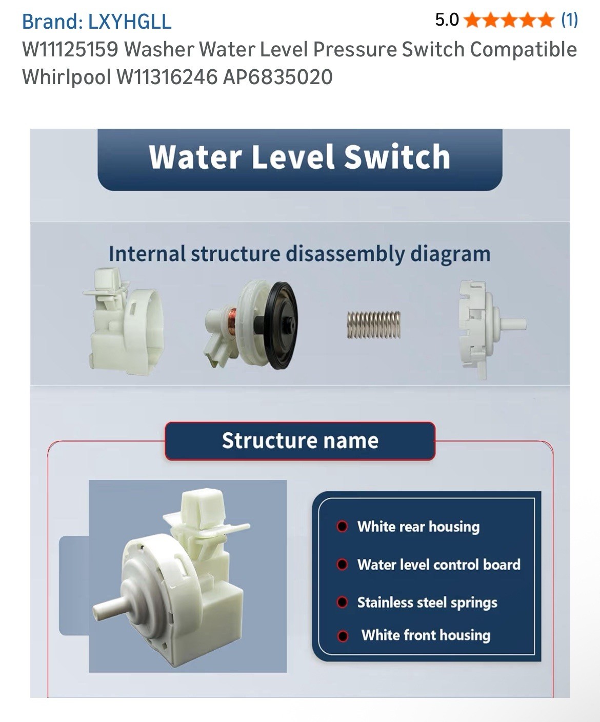 W11125159 Washer Water-Level Pressure Switch for Whirlpool Washer Parts - Rep…