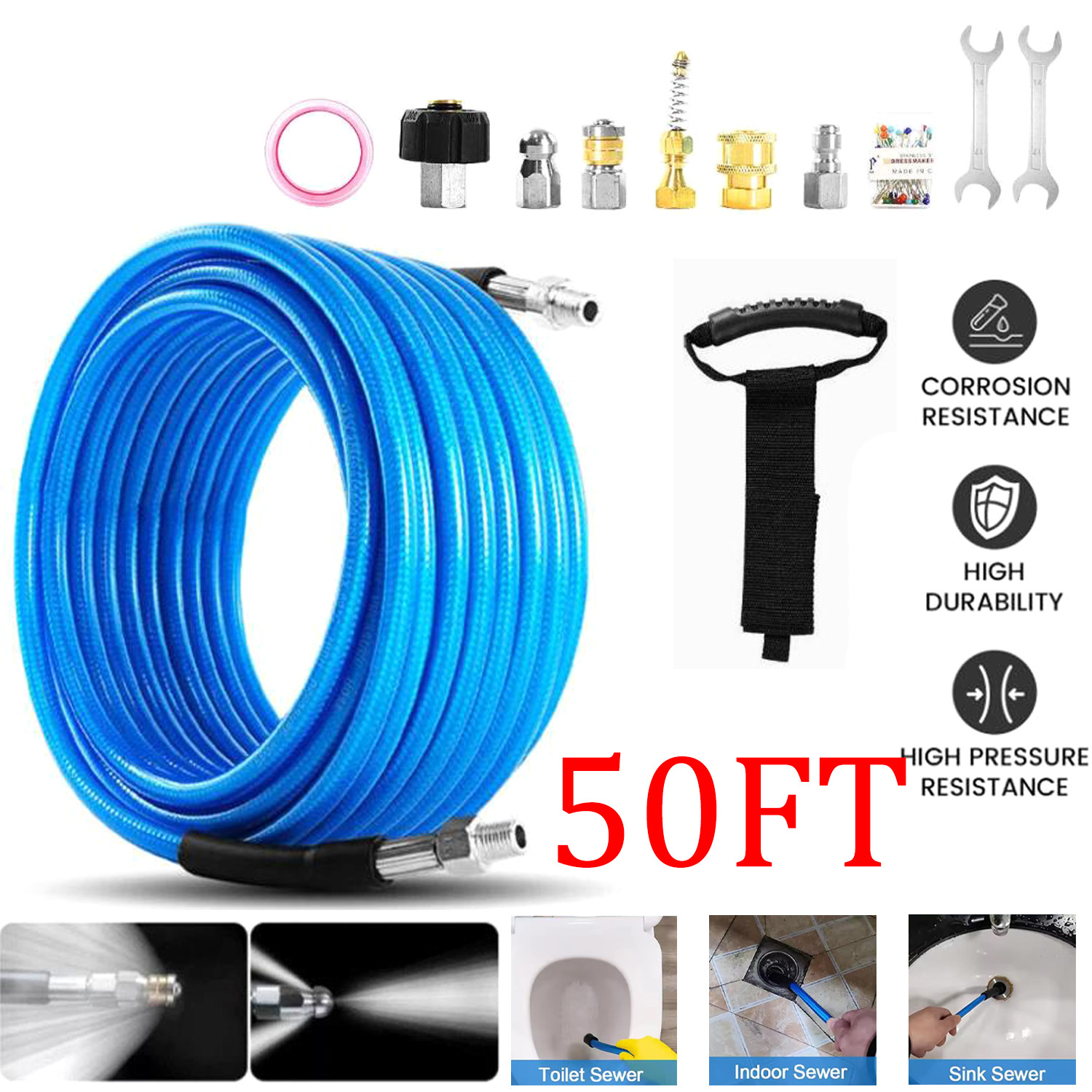 5800PSI Sewer Jetter Nozzle Kit with 50FT Hose for Drain Pipe Cleaning