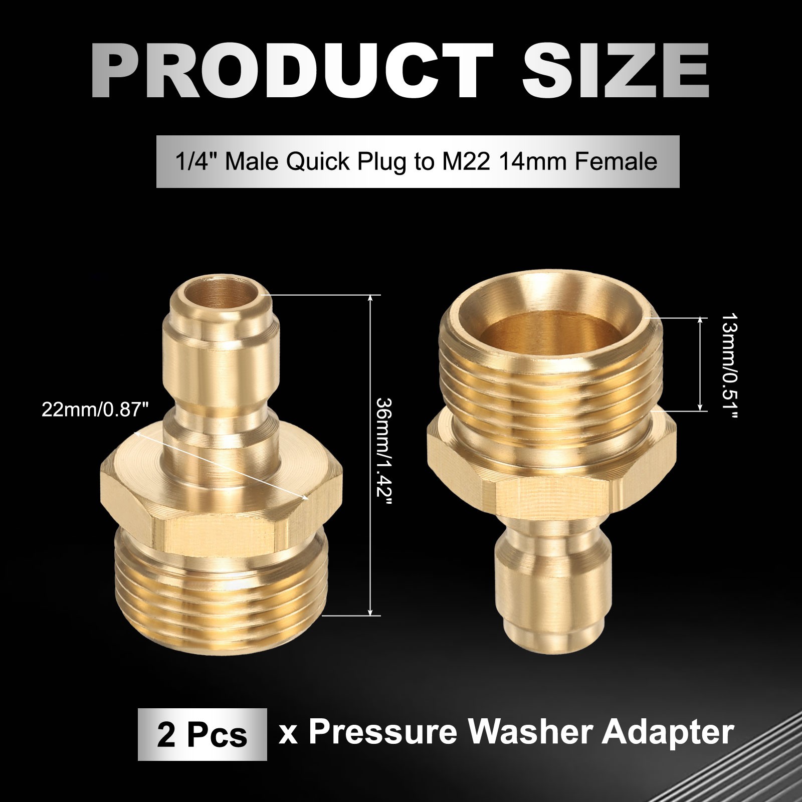 2Pcs 1/4″ Male to M22 14mm Female Pressure Washer Adapter QUICK CONNECT Fittings