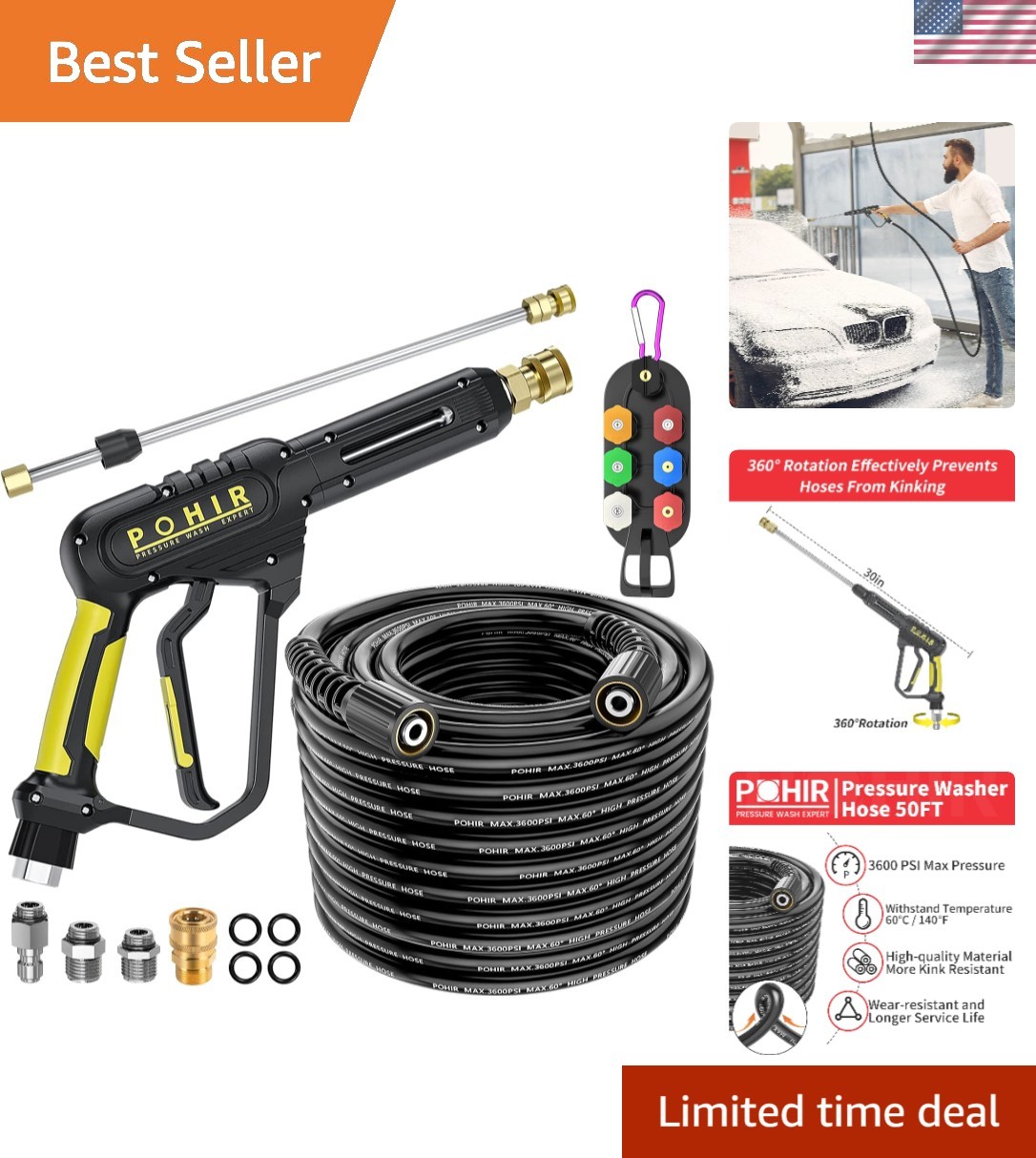 Durable 50ft Pressure Washer Kit with Swivel Gun & Extension Wand Included