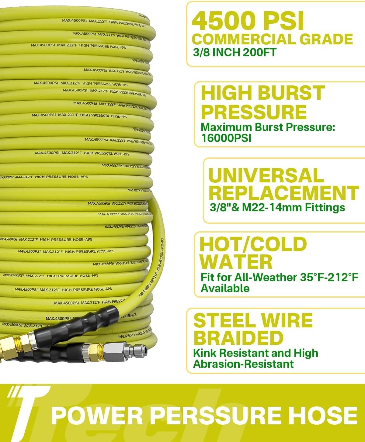Versatile 200FT Pressure Washer Hose with 4500 PSI & M22 Adapters – All Weather