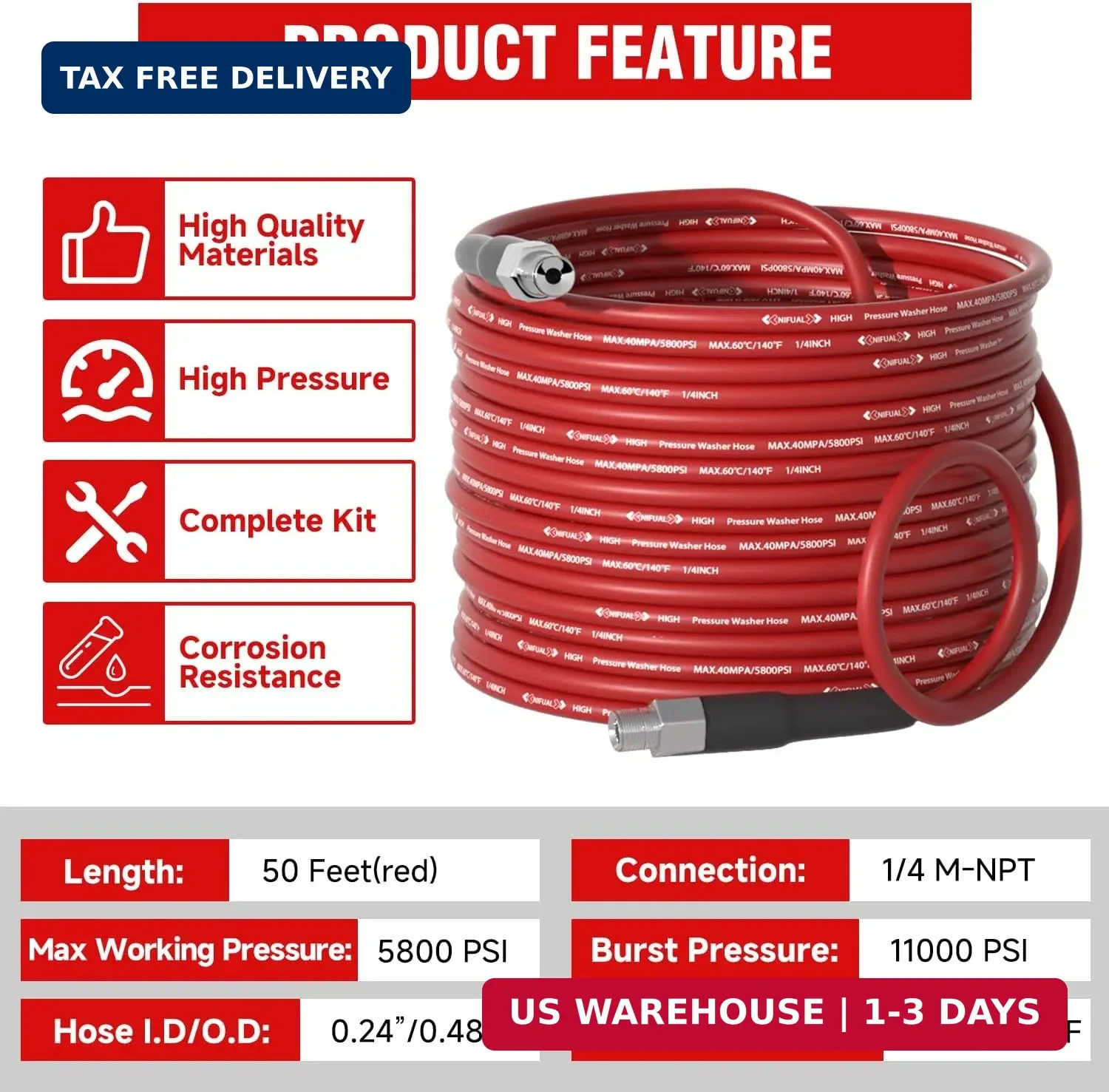 NIFUAL Sewer Jetter Kit for Pressure Washer,50FT 5800PSI Pressure Drain Cleaner