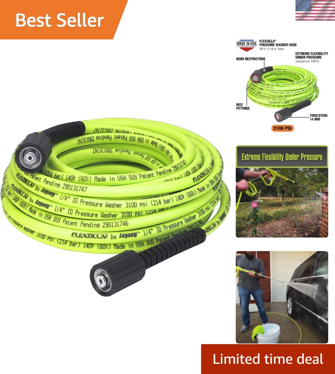 50 ft Pressure Washer Hose with M22 Fittings – Flexible Hybrid Polymer, 3100 PSI