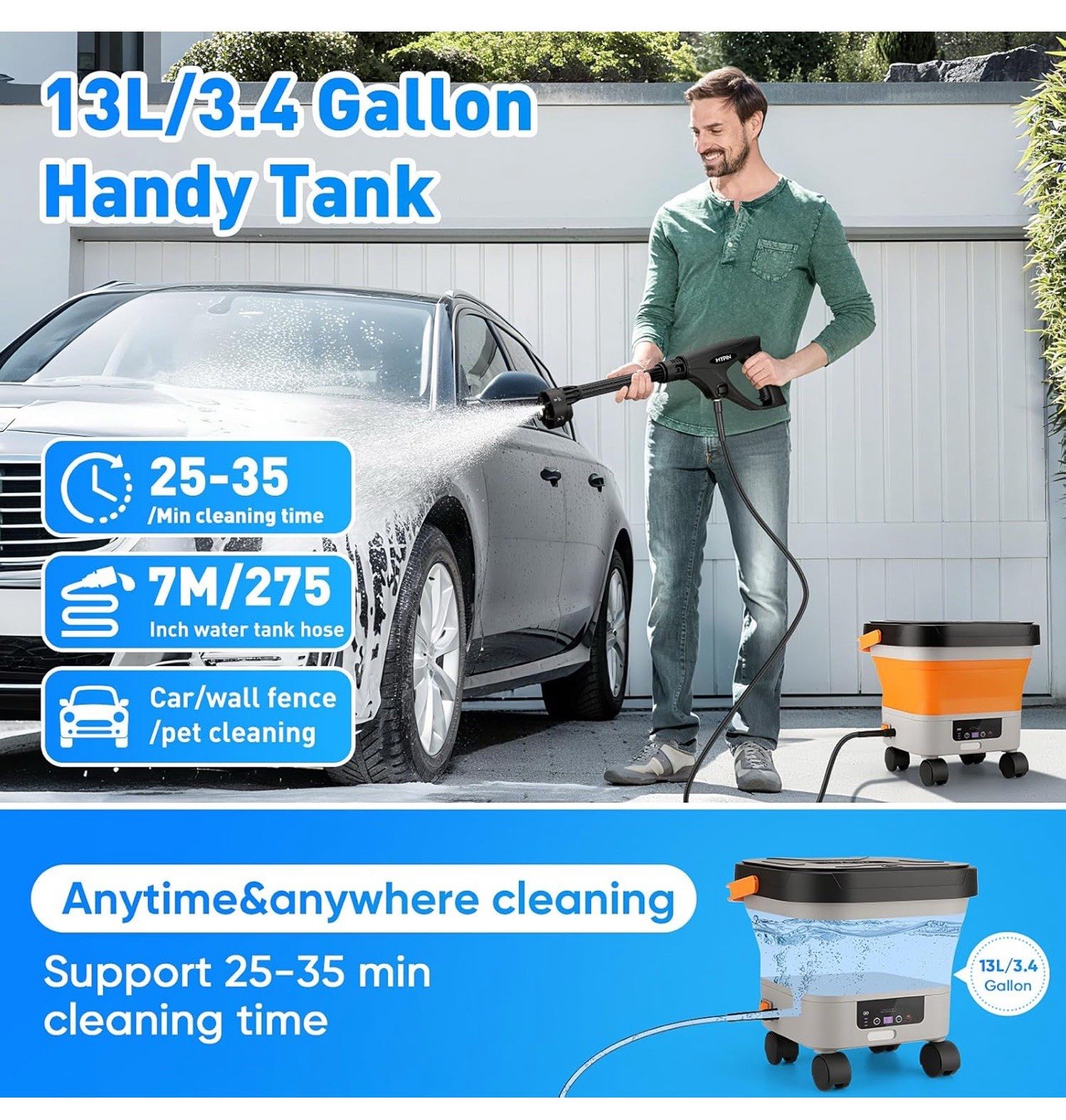 660PSI Portable Cordless Pressure Washer with Folding 3.4Gal Tank, 6-in-1 Noz…