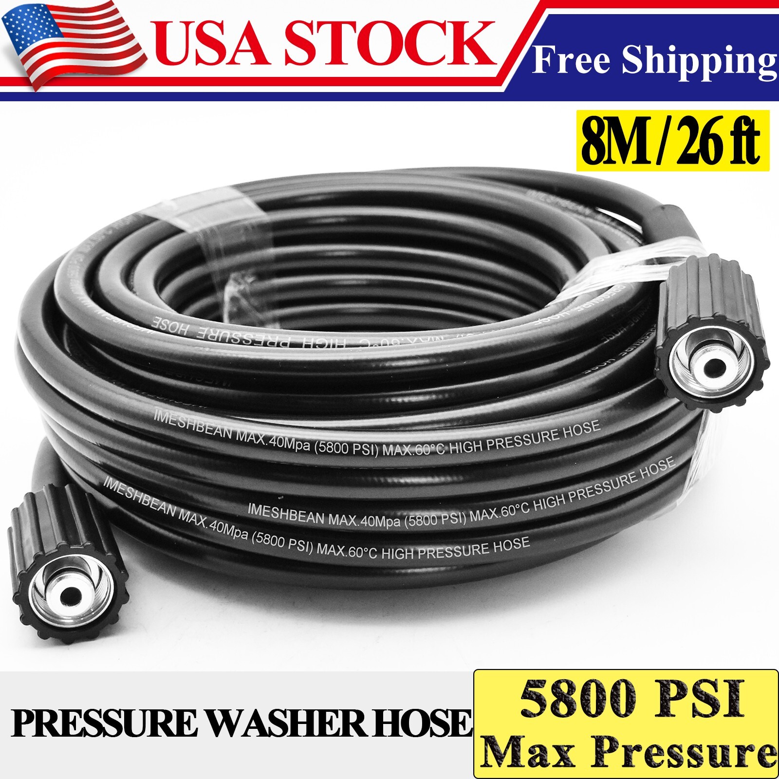 25 FT x 1/4 Inch 5800 MAX PSI Pressure Washer Replacement Hose M22 14MM WASHER