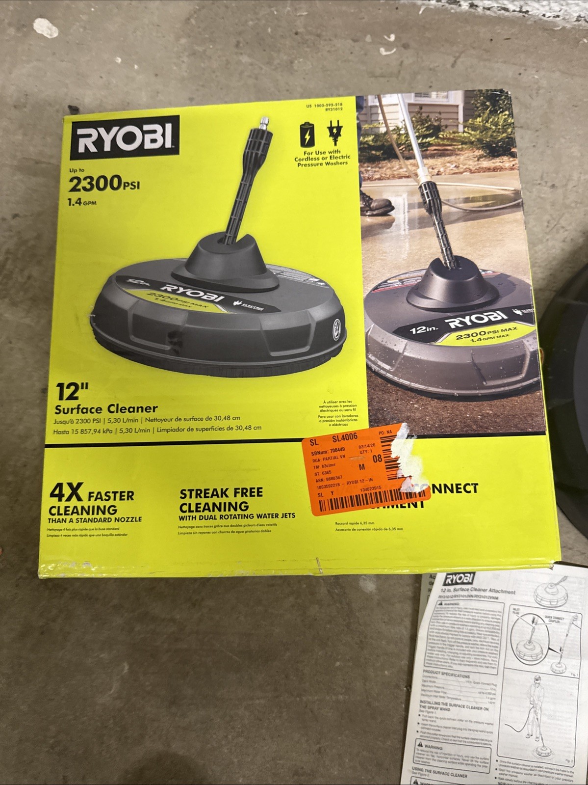 GENTLY USED RYOBI 12″ 2,300 PSI Electric Pressure Washers Surface Cleaner