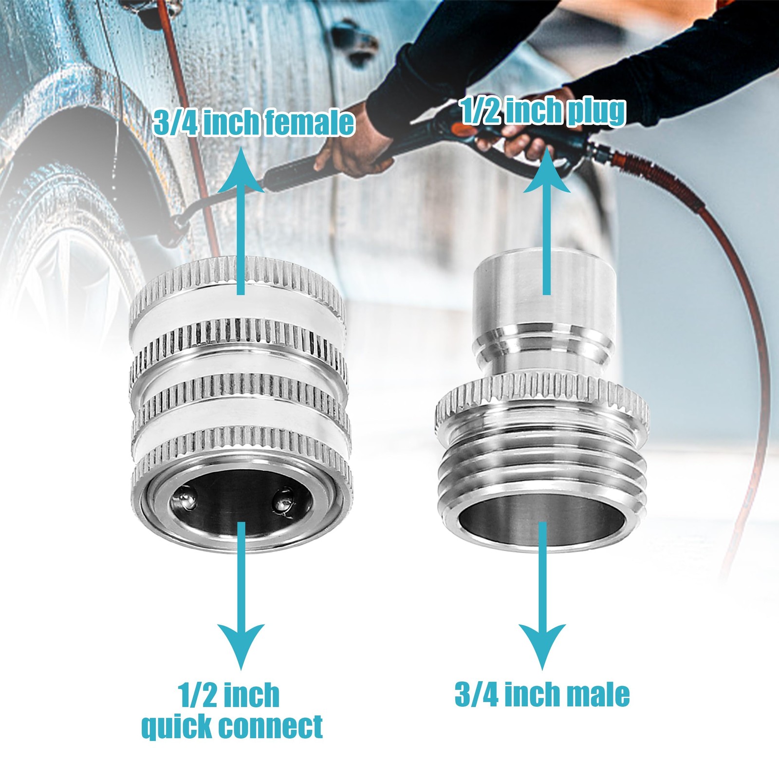 8 PCS Stainless Steel Pressure Washer Adapter Set M22 14mm To 3/8 Inch Kit