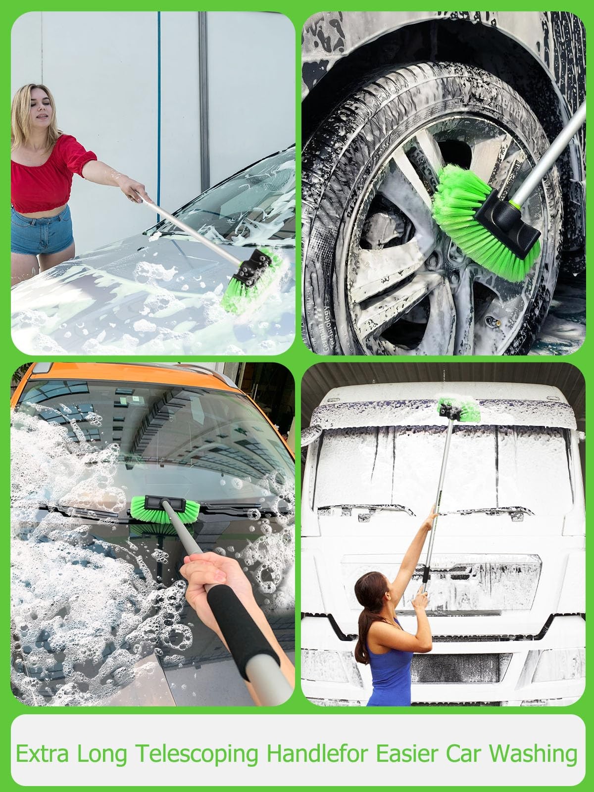Jisejima Five-Sided Car Wash Brush with Long Handle，Soft Bristle Scrub Green