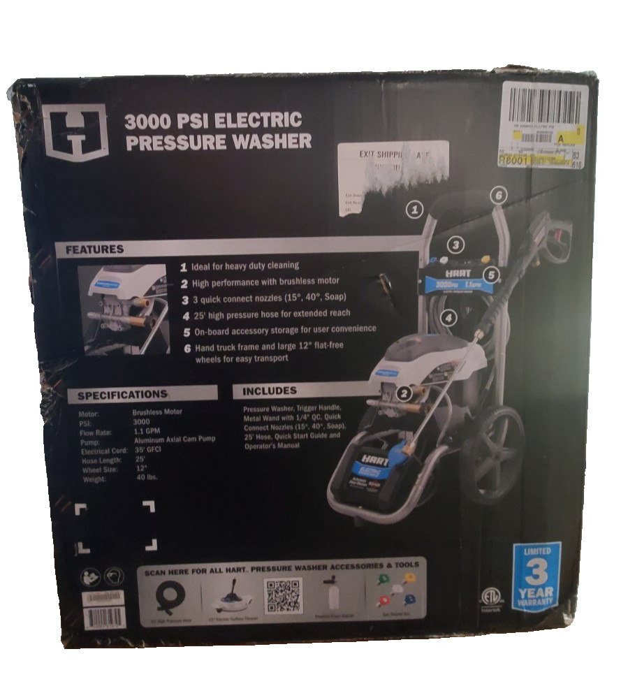 Hart HW143011VNM 3000PSI 1.1 GPM Cold Water Electric Pressure Washer