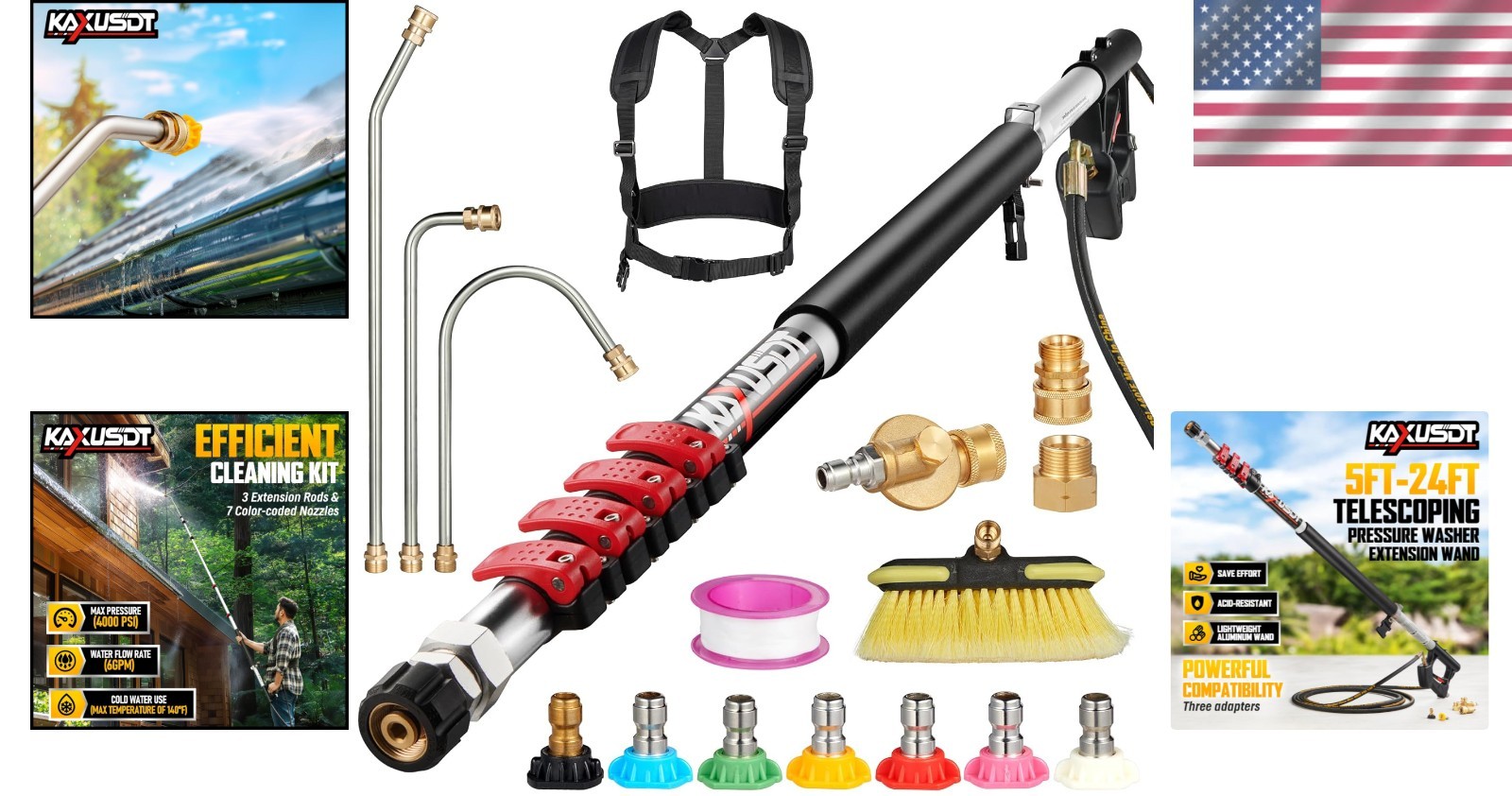 24FT Telescoping Wand for Pressure Washer with 3 Extension Attachments Included