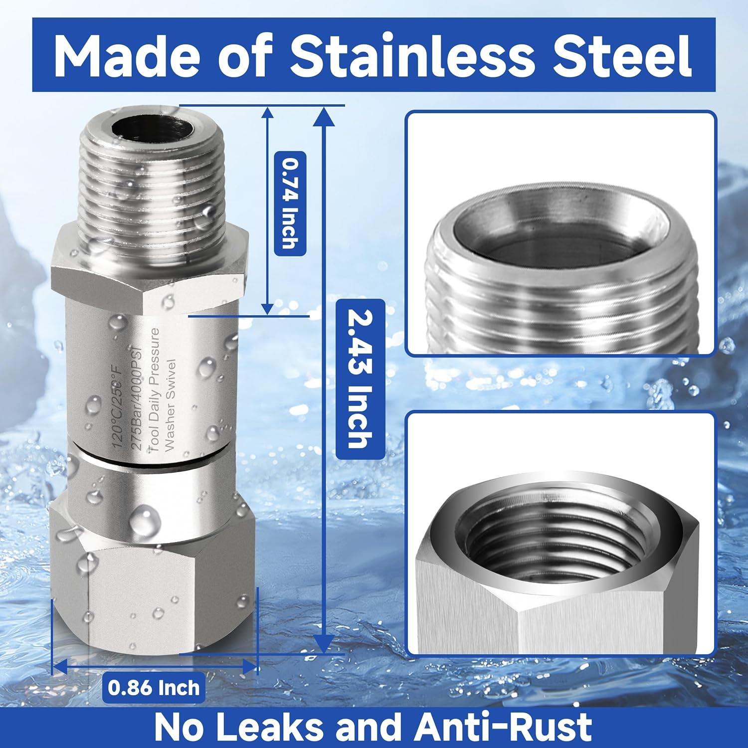 Pressure Washer Swivel 3 8 Inch NPT M Male Thread 4000 PSI Stainless Steel…