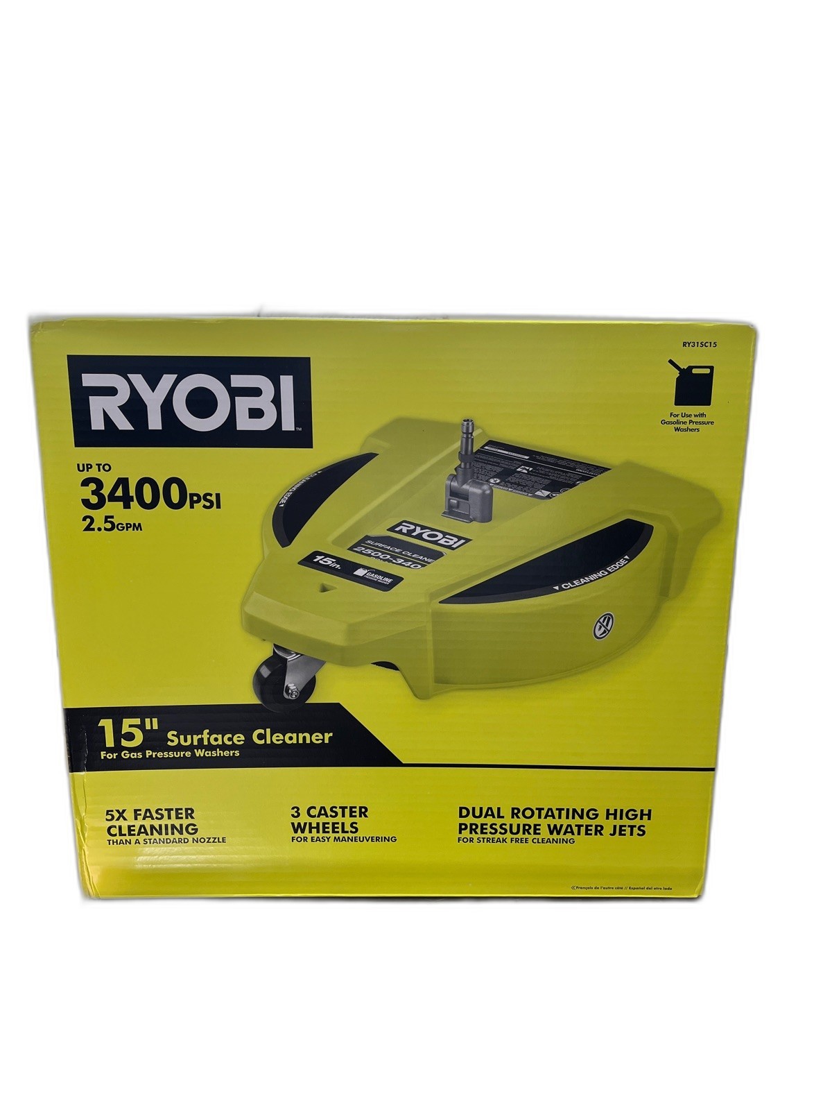 RYOBI 15 in. 3400 PSI Gas Pressure Washer Surface Cleaner with Caster Wheels