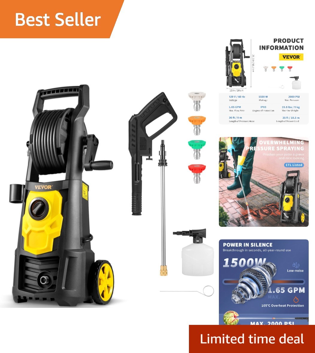Powerful 2000 PSI Washer – 20ft Hose, Foam Cannon & Energy Saving – Approved