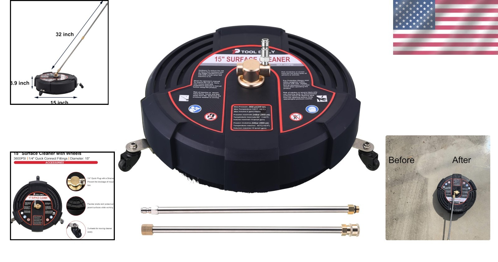15 Inch Pressure Washer Surface Cleaner – 3600 PSI with 3 Wheels & Wands