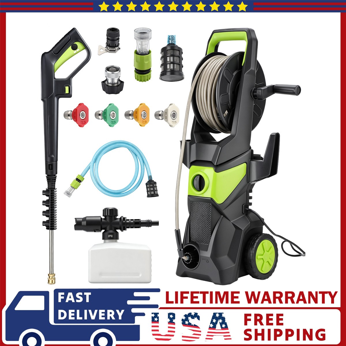 52 FT Electric Pressure Washer 5000PSI 3.2GPM Pressure Cleaner with 4 Nozzles