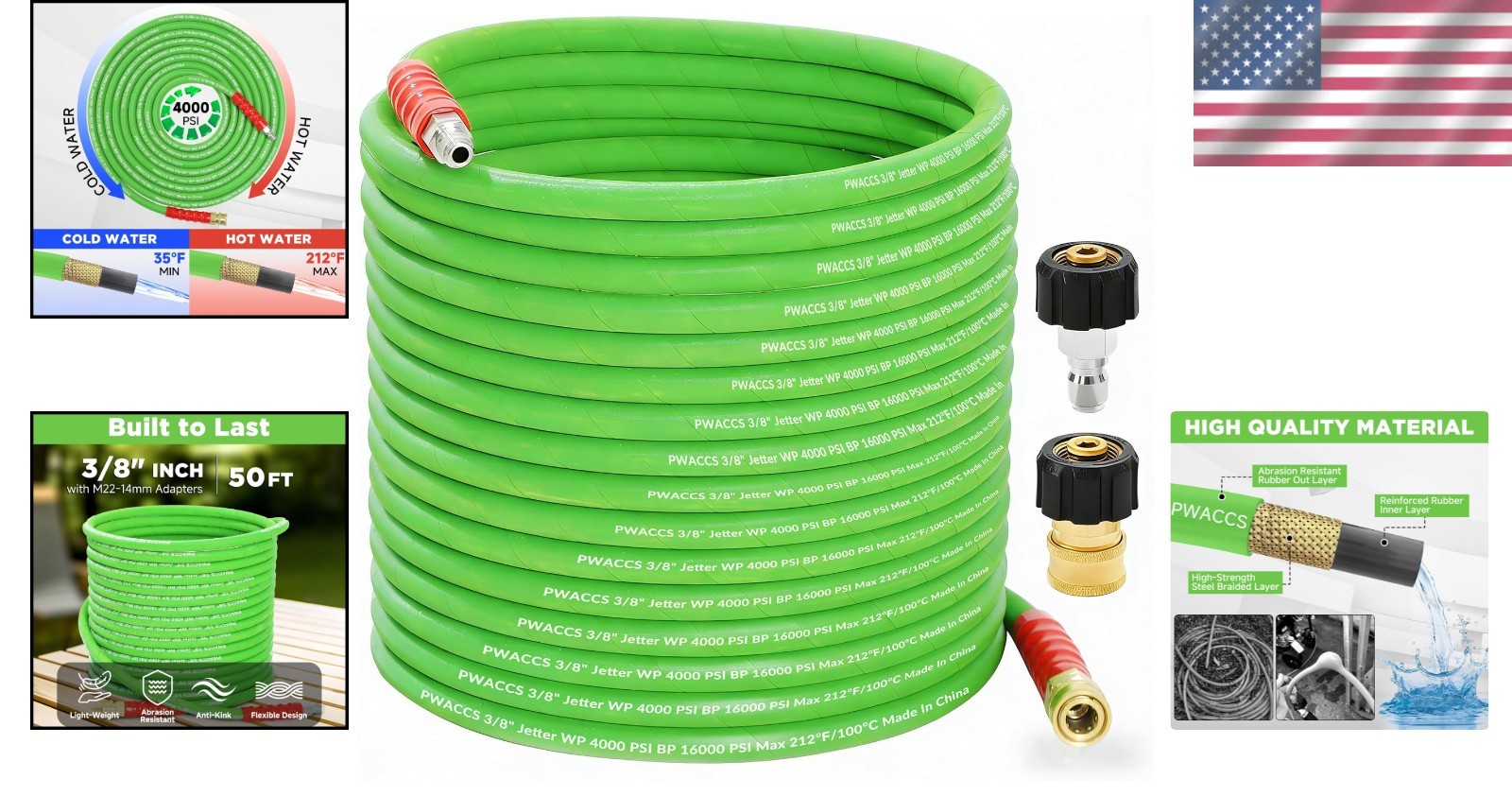 50 FT Rubber Power Washer Hose with M22 Fittings